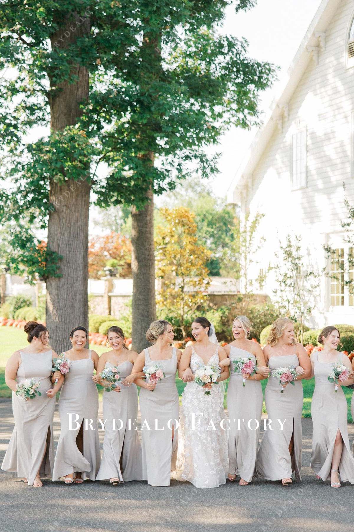 grey long mismatched bridesmaid dresses