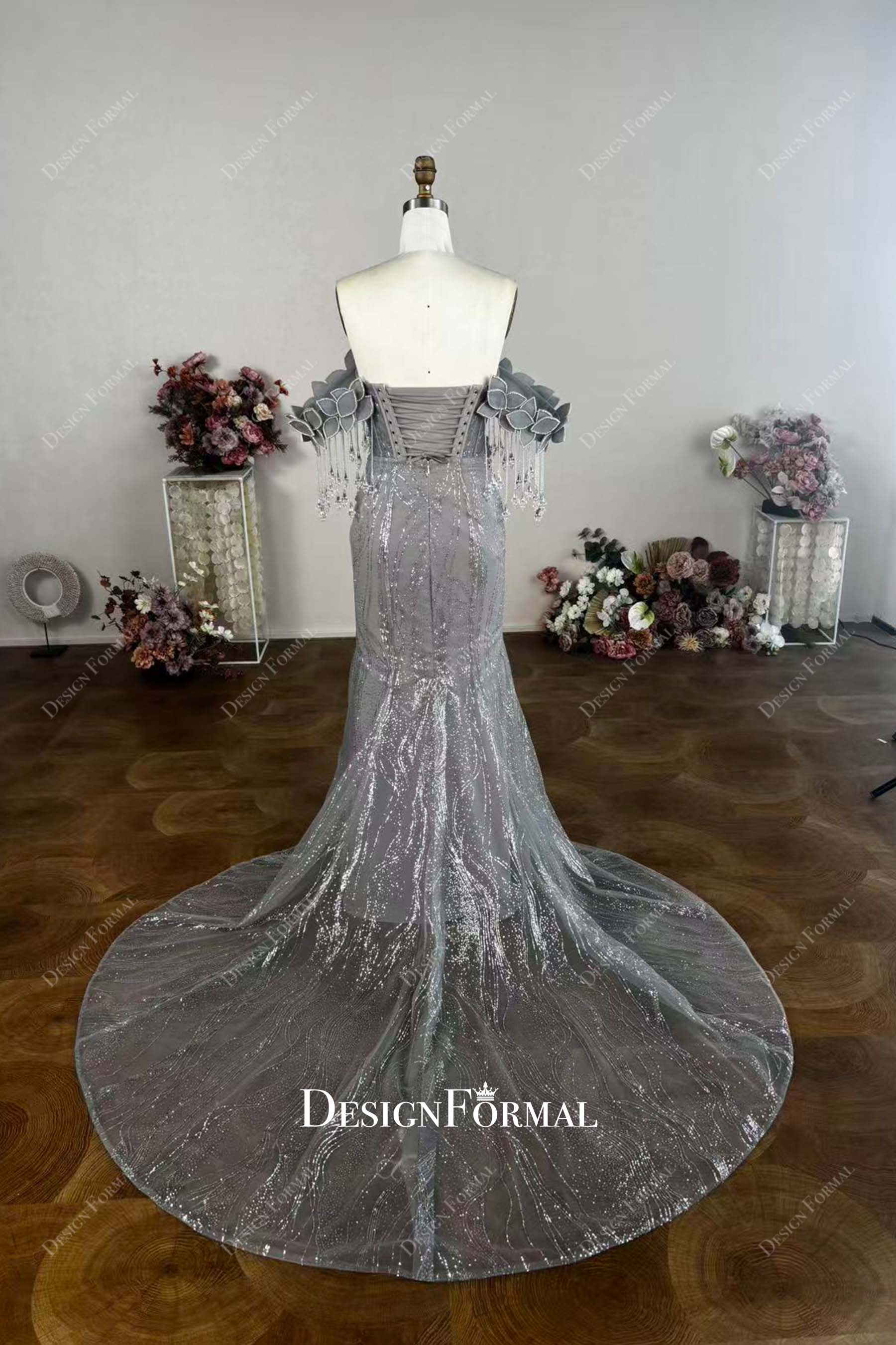 grey sheer chapel train mermaid prom dress
