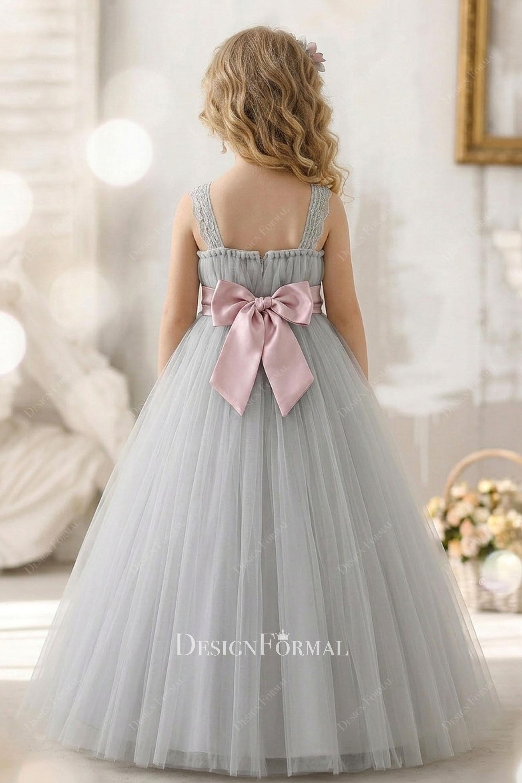 grey tulle a line flower girl dress