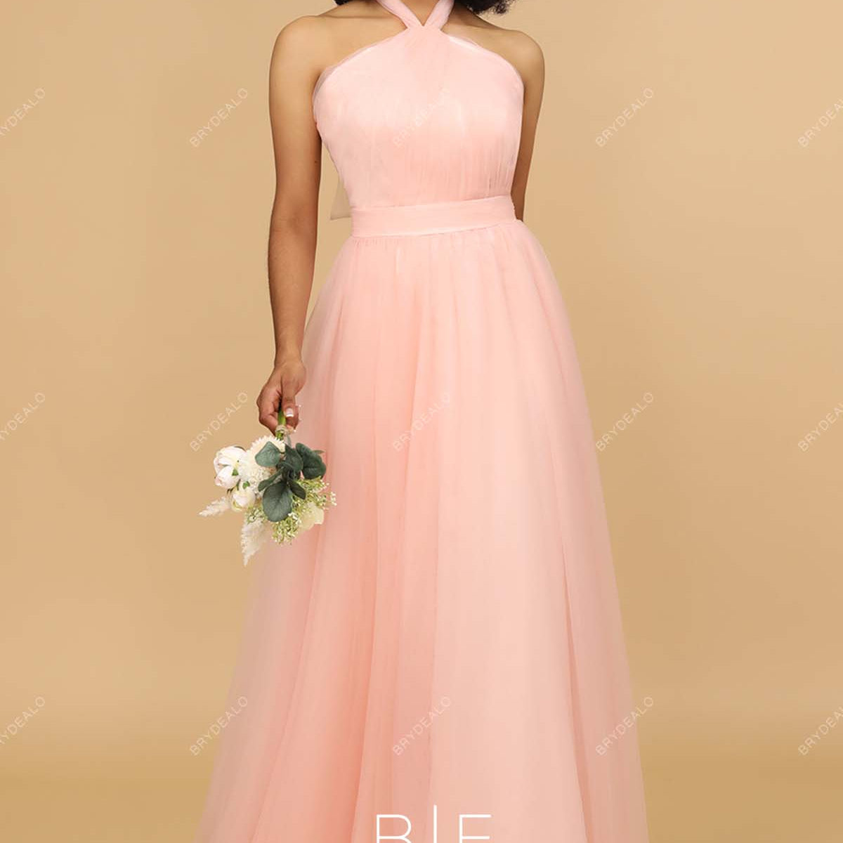 blush tulle bridesmaid dress Blush Pink Tulle Halter Neck Pretty Long Bridesmaid Prom Dress