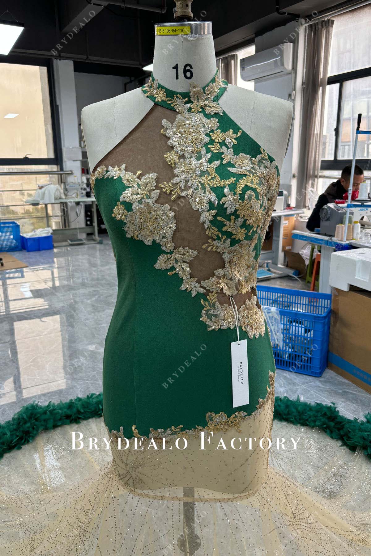 halter neck green jersey asymmetrical prom dress