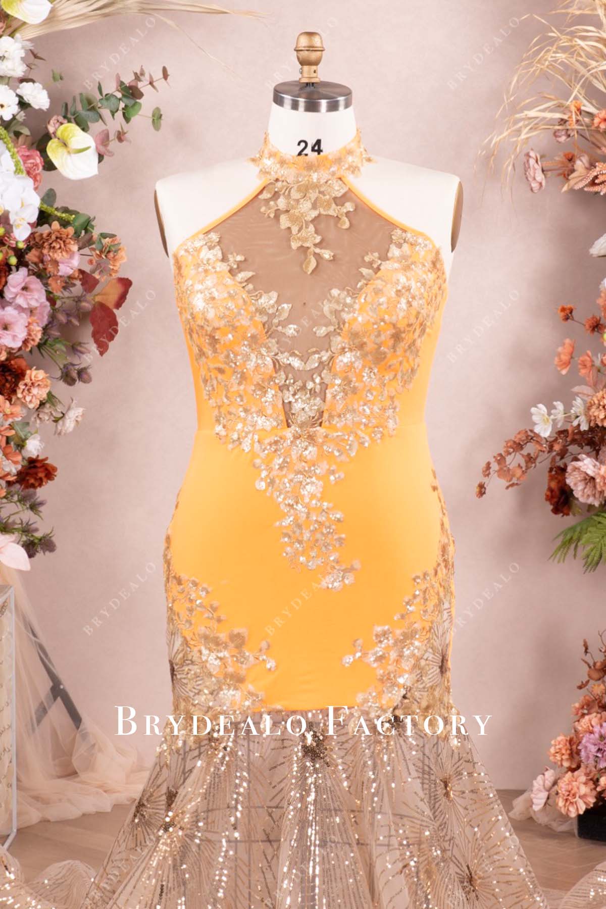 sleeveless halter neck plus size gold sequin prom gown