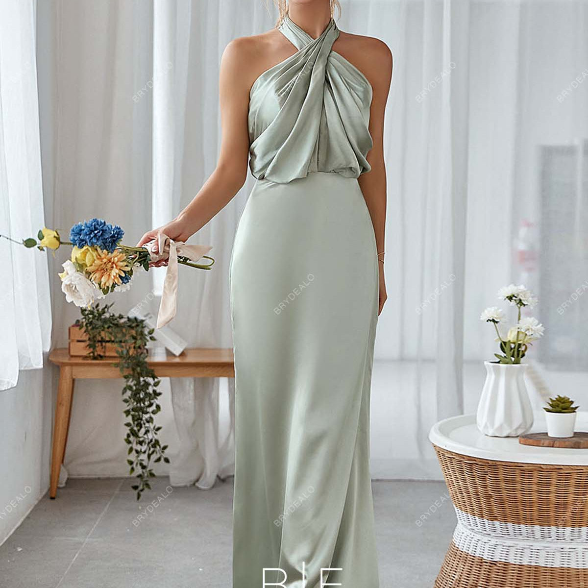 Sage Charmeuse Halter Neck Sleeveless Mermaid Bridesmaid Prom Dress Sage Charmeuse Halter Neck Sleeveless Mermaid Bridesmaid Prom Dress