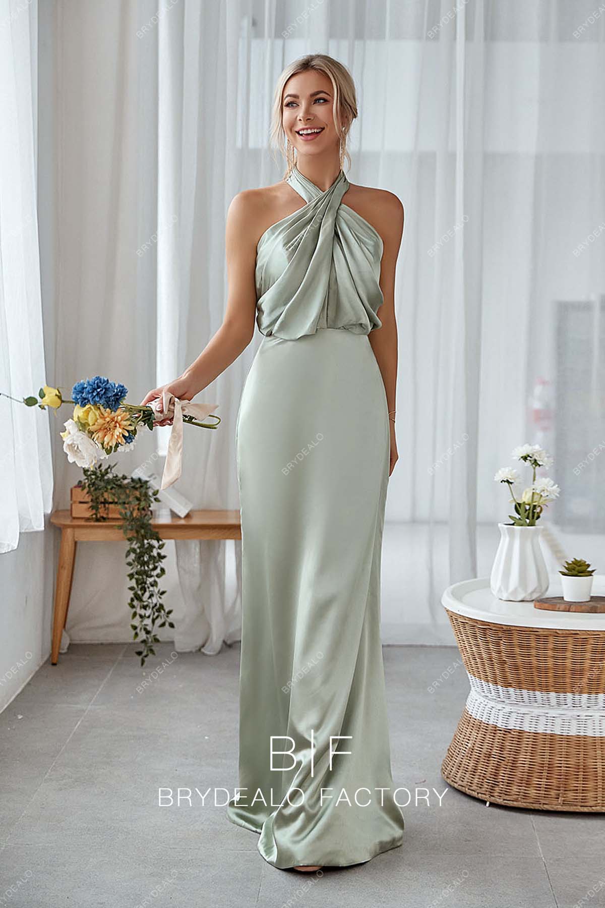 halter neck sage green long bridesmaid gown