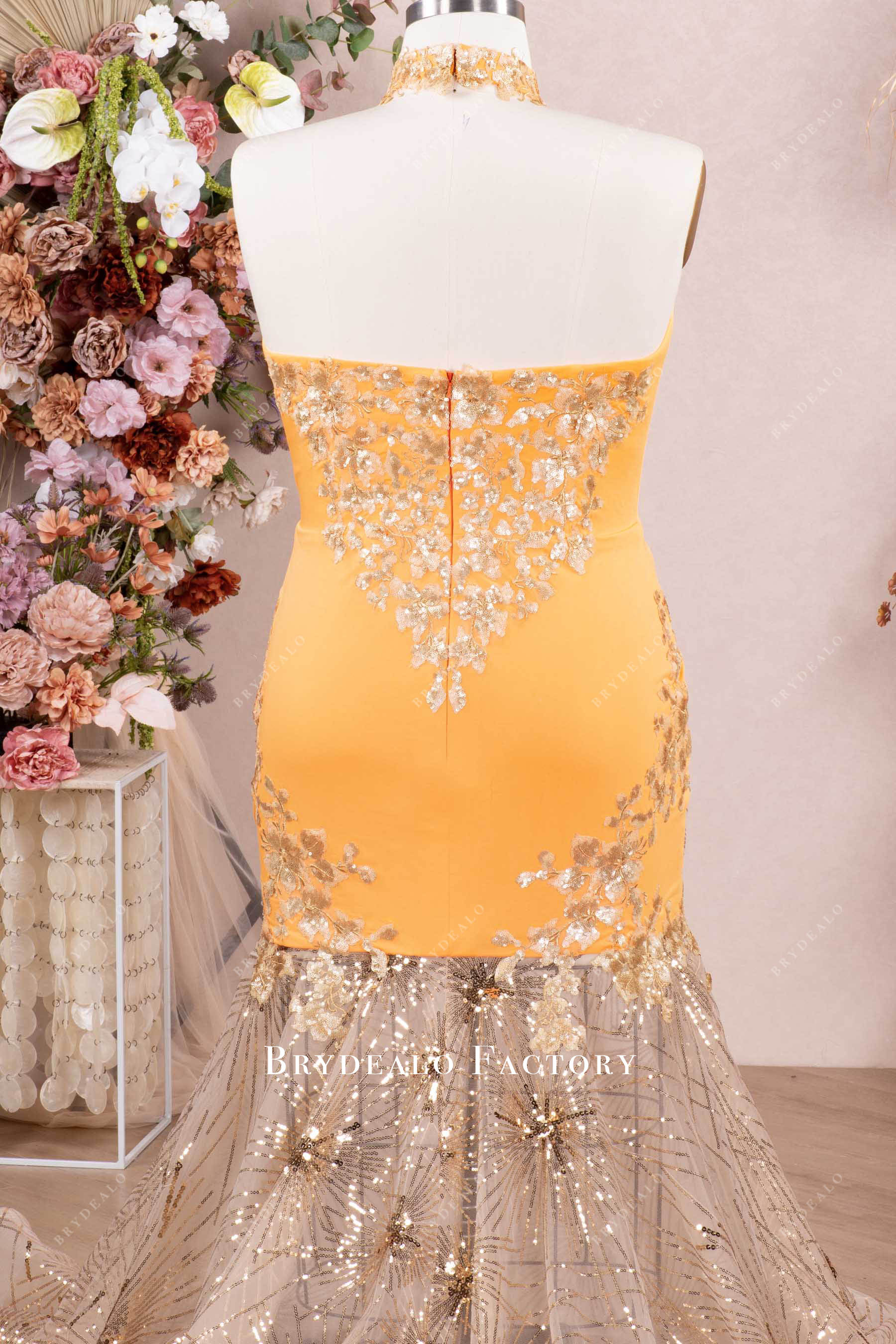 halter neck orange plus size glitter prom dress