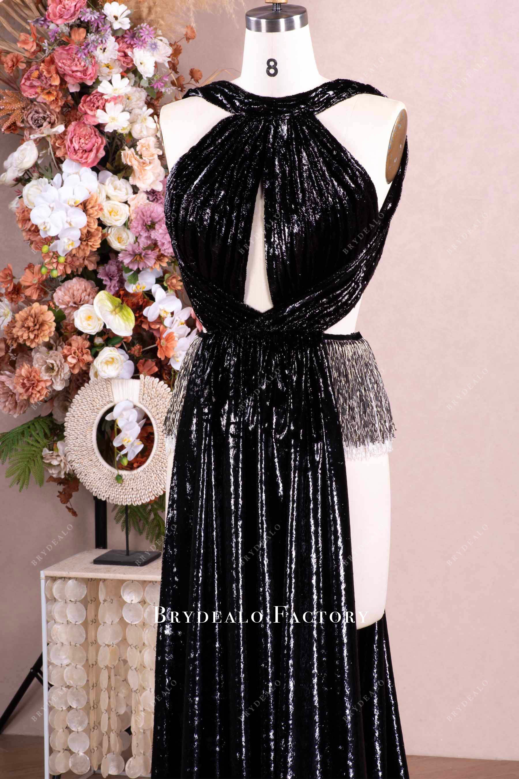 halter pleated velvet evening dress