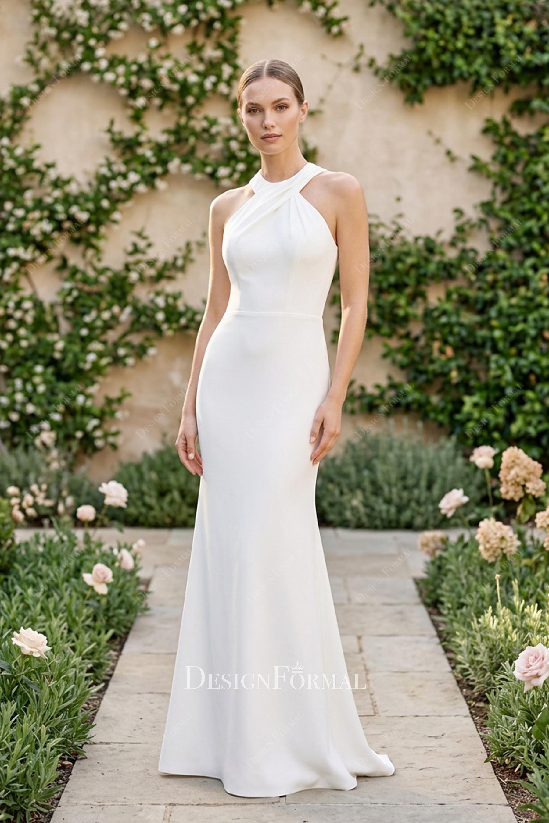 halter sleeveless crepe wedding dress