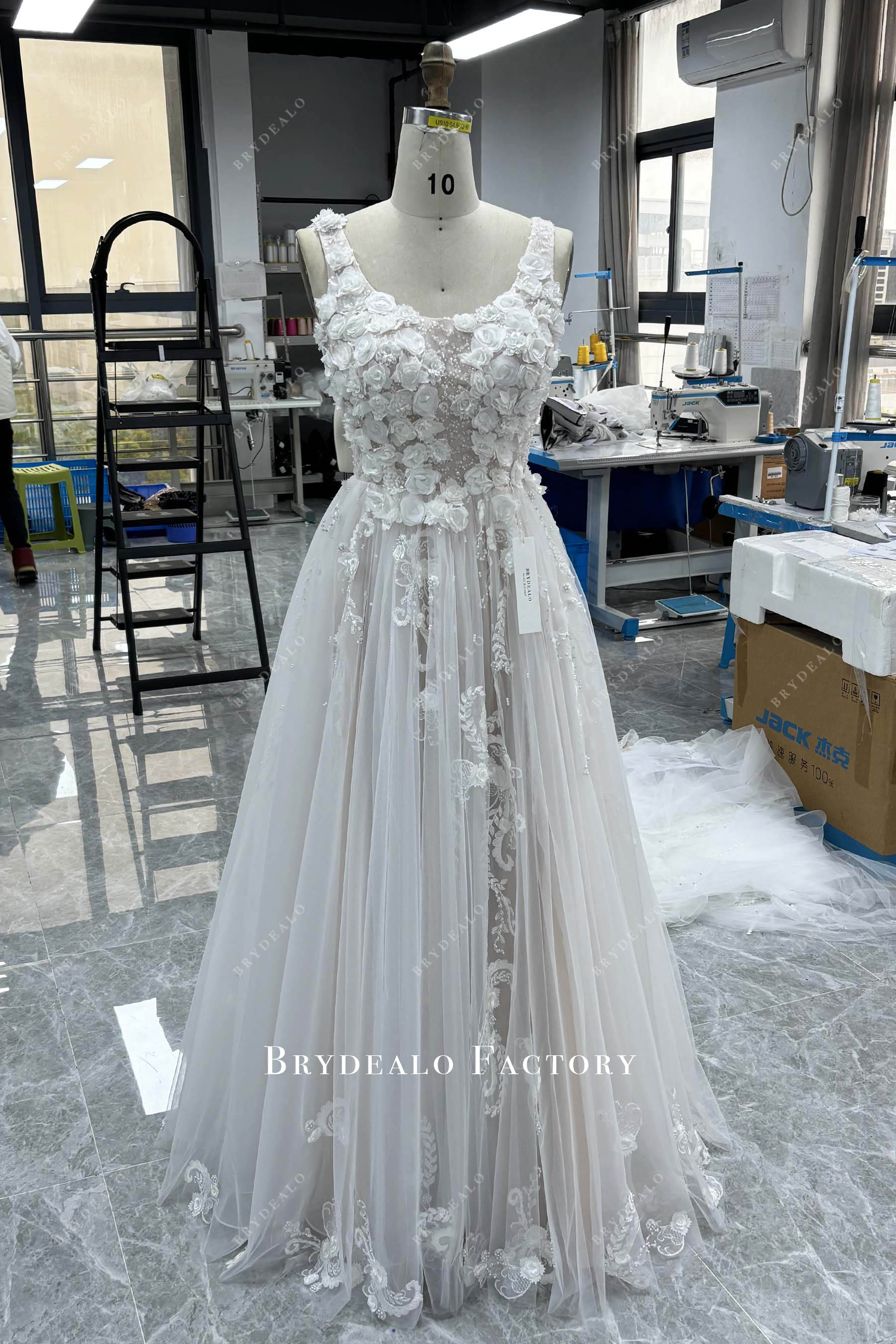 hand made sleeveless lace floor length bridal gown