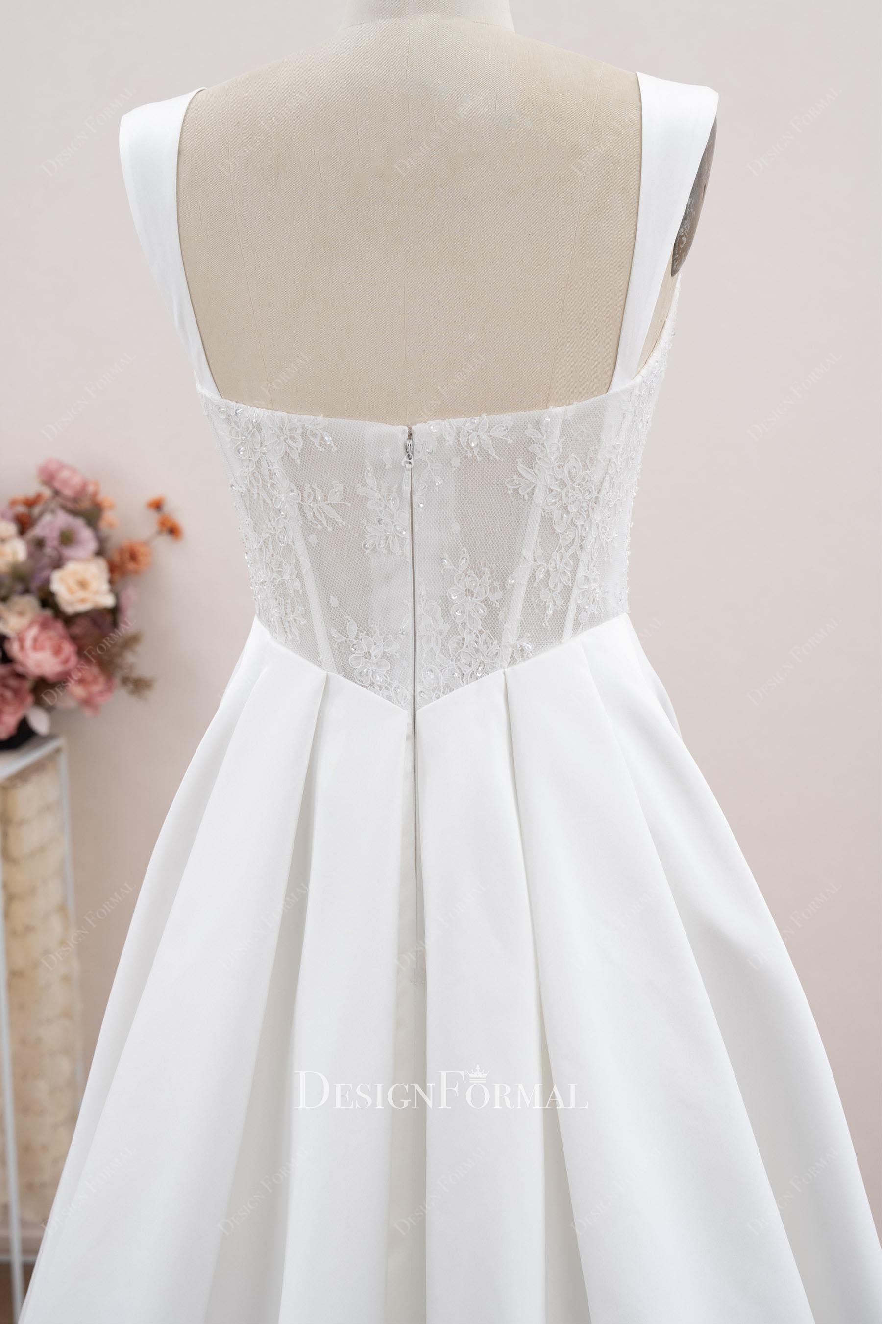 Sequin Lace Basque Waist Slit Satin A-Line Wedding Dress