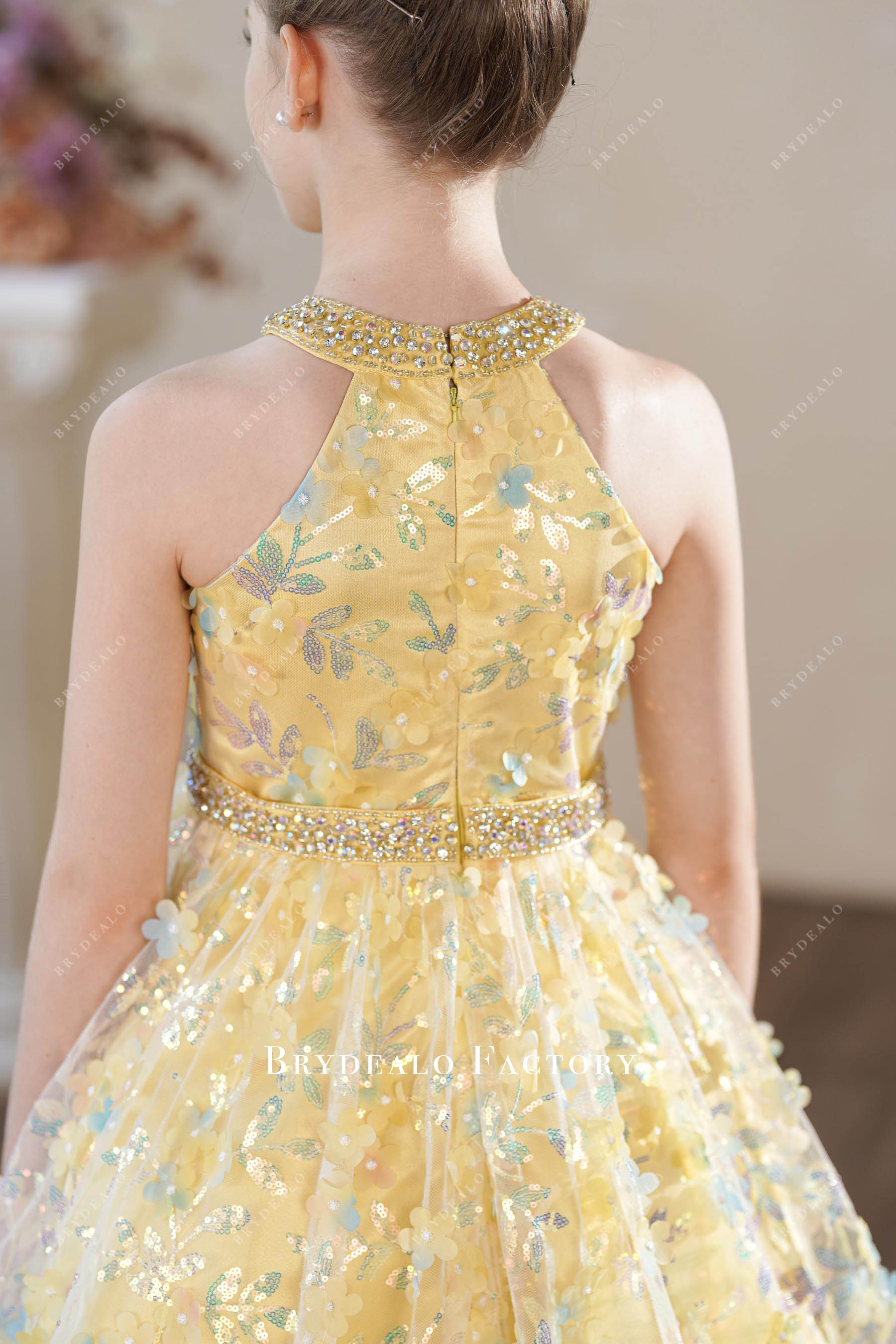 hand-sewn beading waistband yellow kids birthday dress