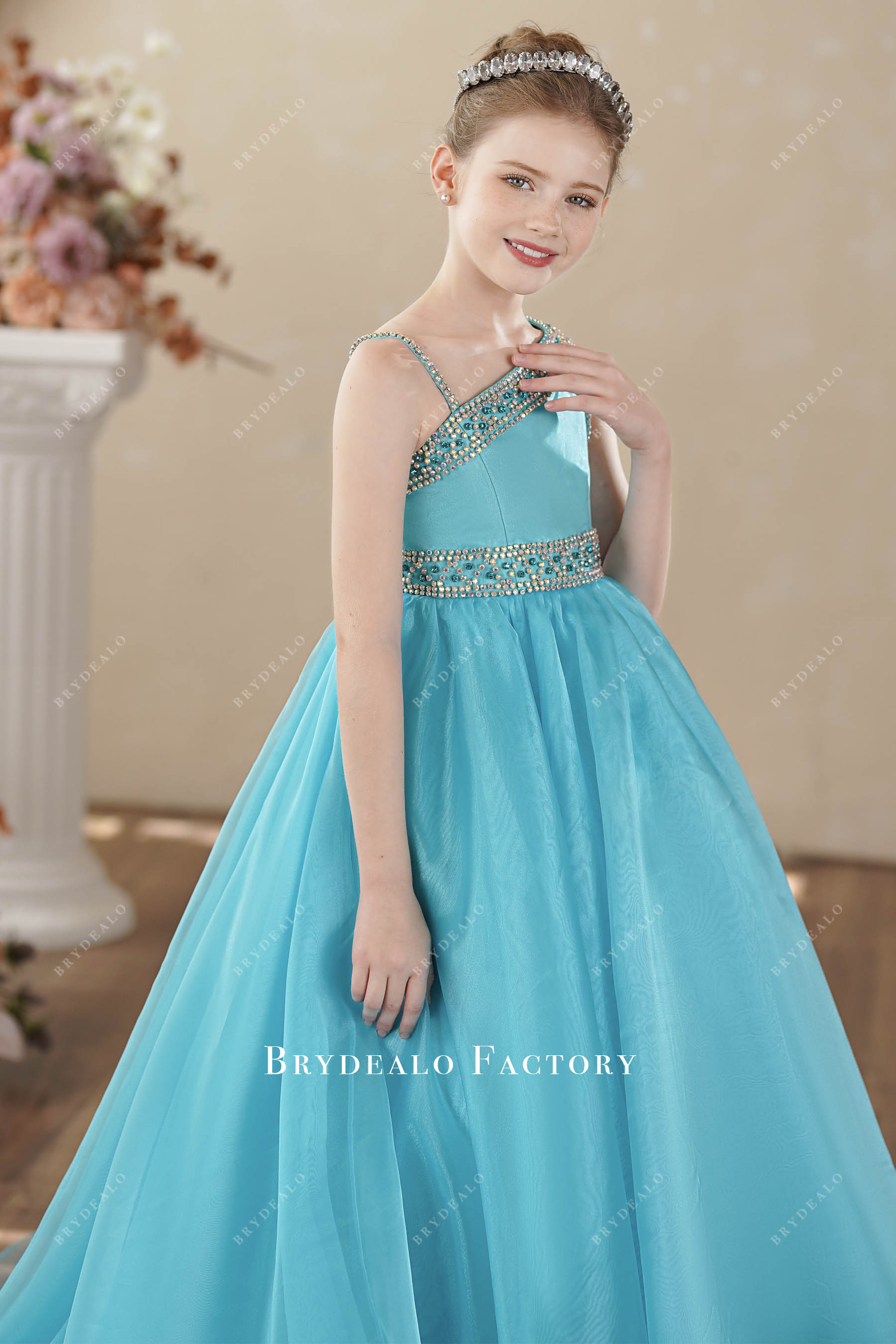 rhinestones sleeveless blue children cinderella's gown