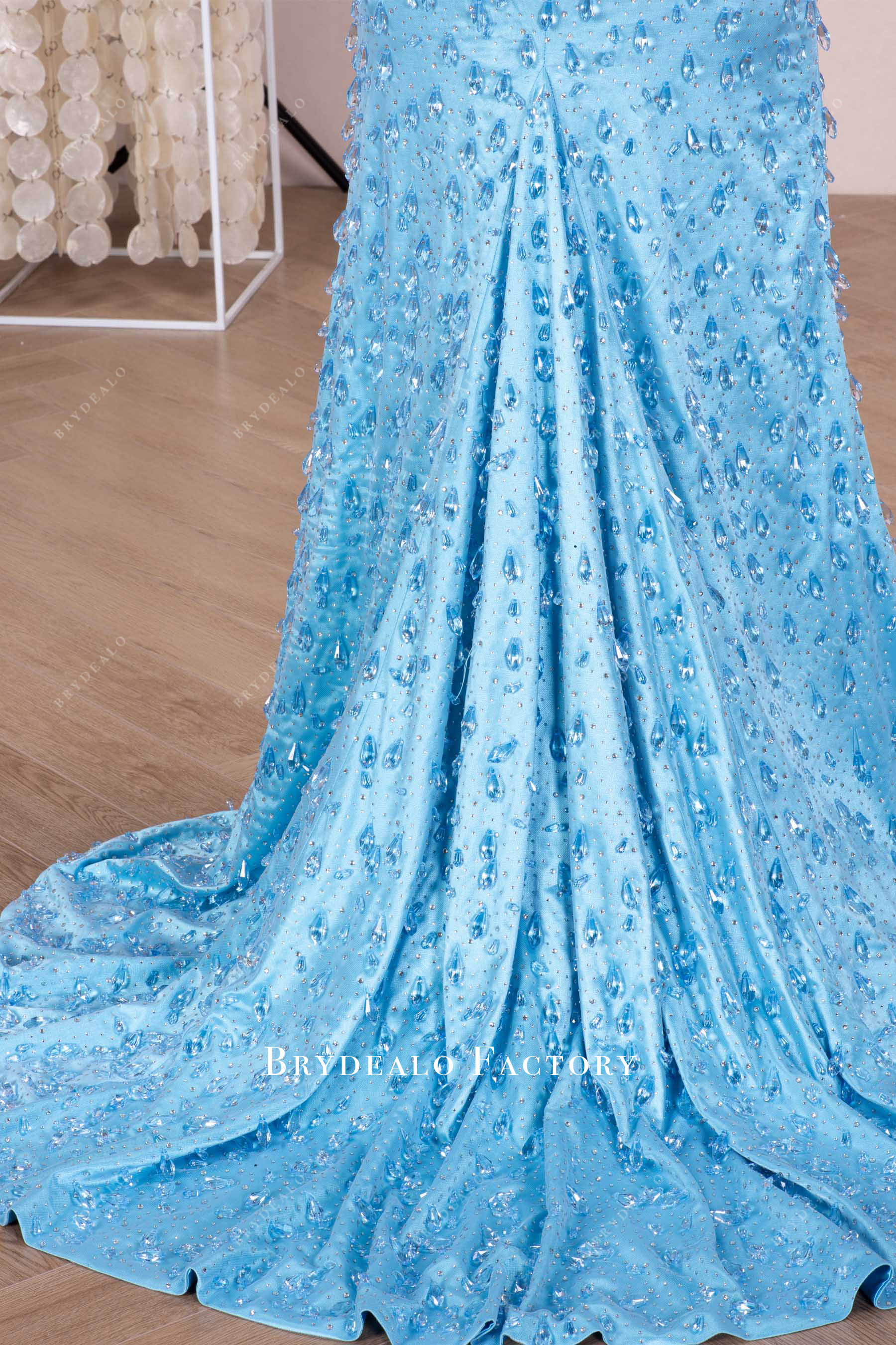 hand sewn tear-drop sweep train prom dress