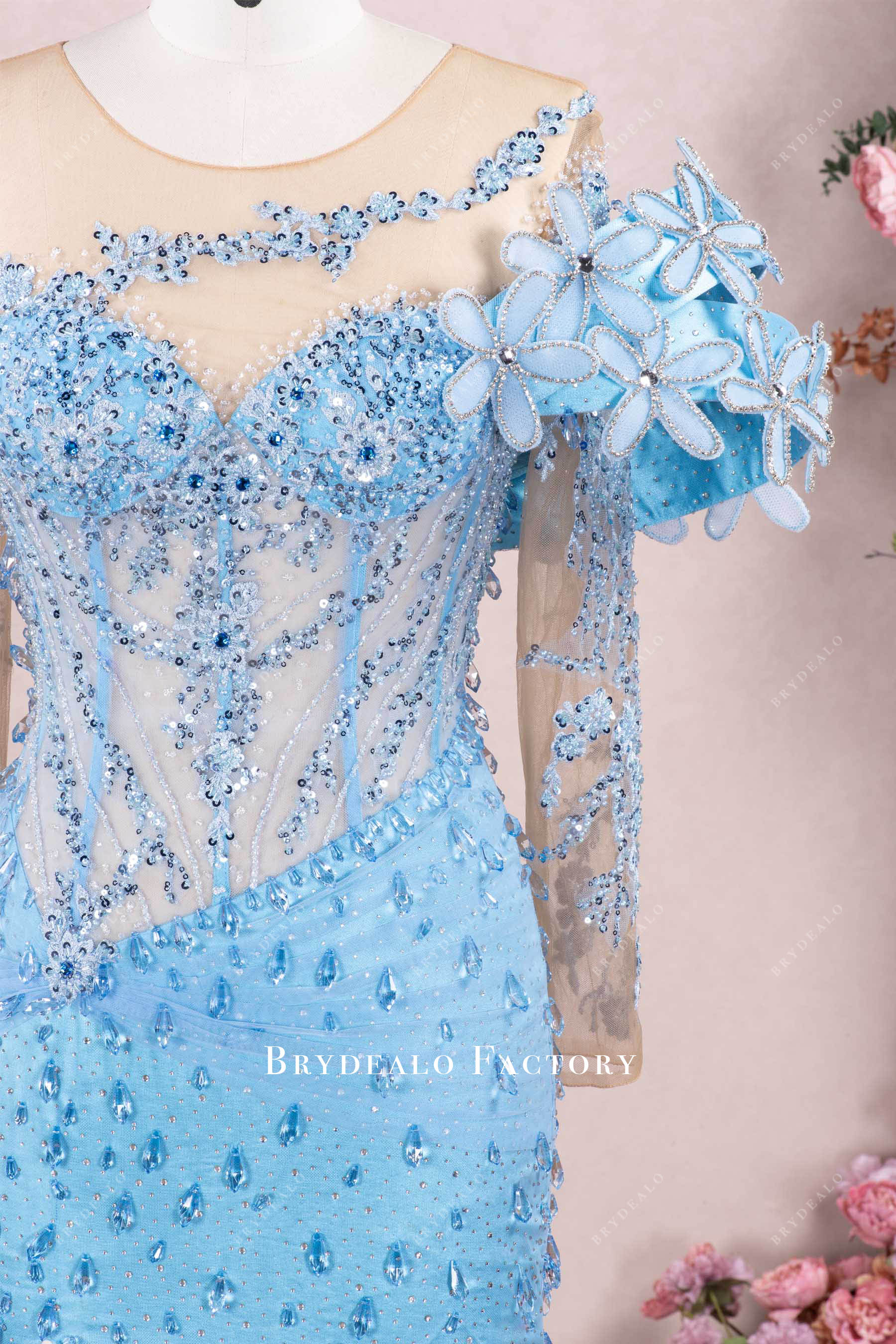 handmade rhinestone flowers shoulder prom dress