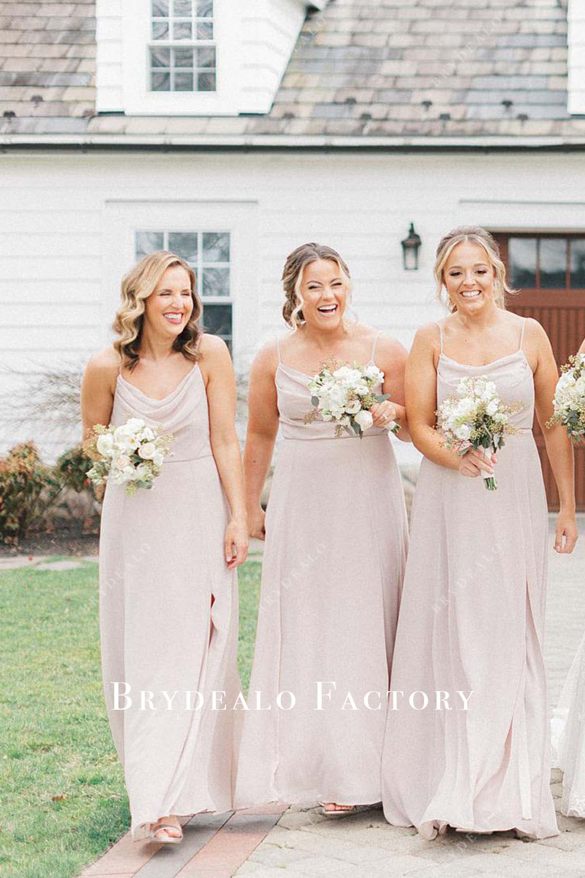 heavenly pink cowl neck mismatched bridesmaid dresses