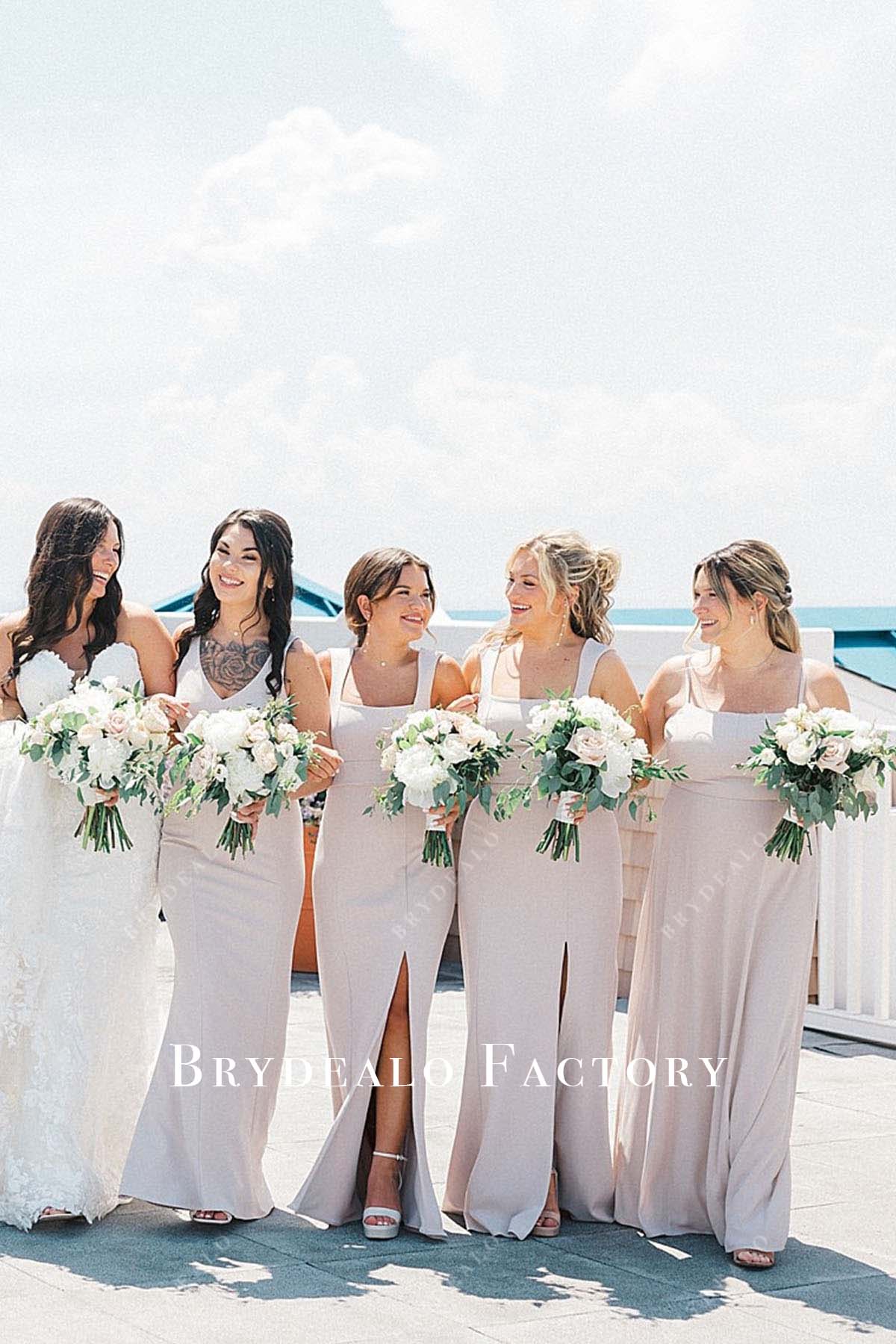 heavenly pink slit mismatched bridesmaid dresses