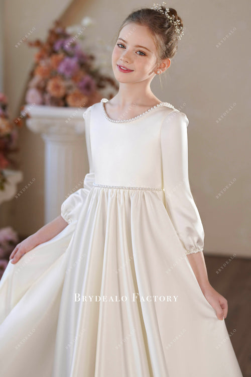 Off-the-shoulder Satin Long Flower Girl Dress with Bow Wisteria