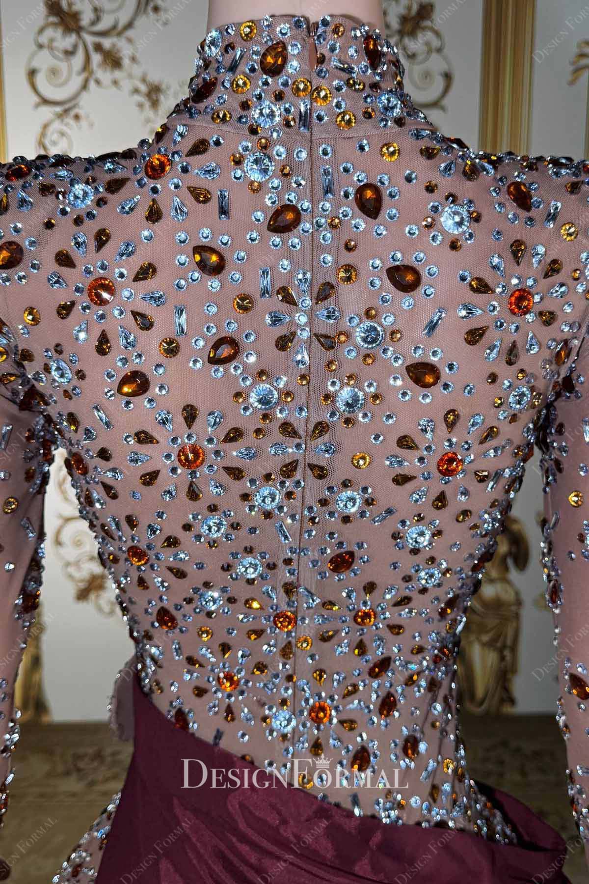 high neck crystals long prom dress