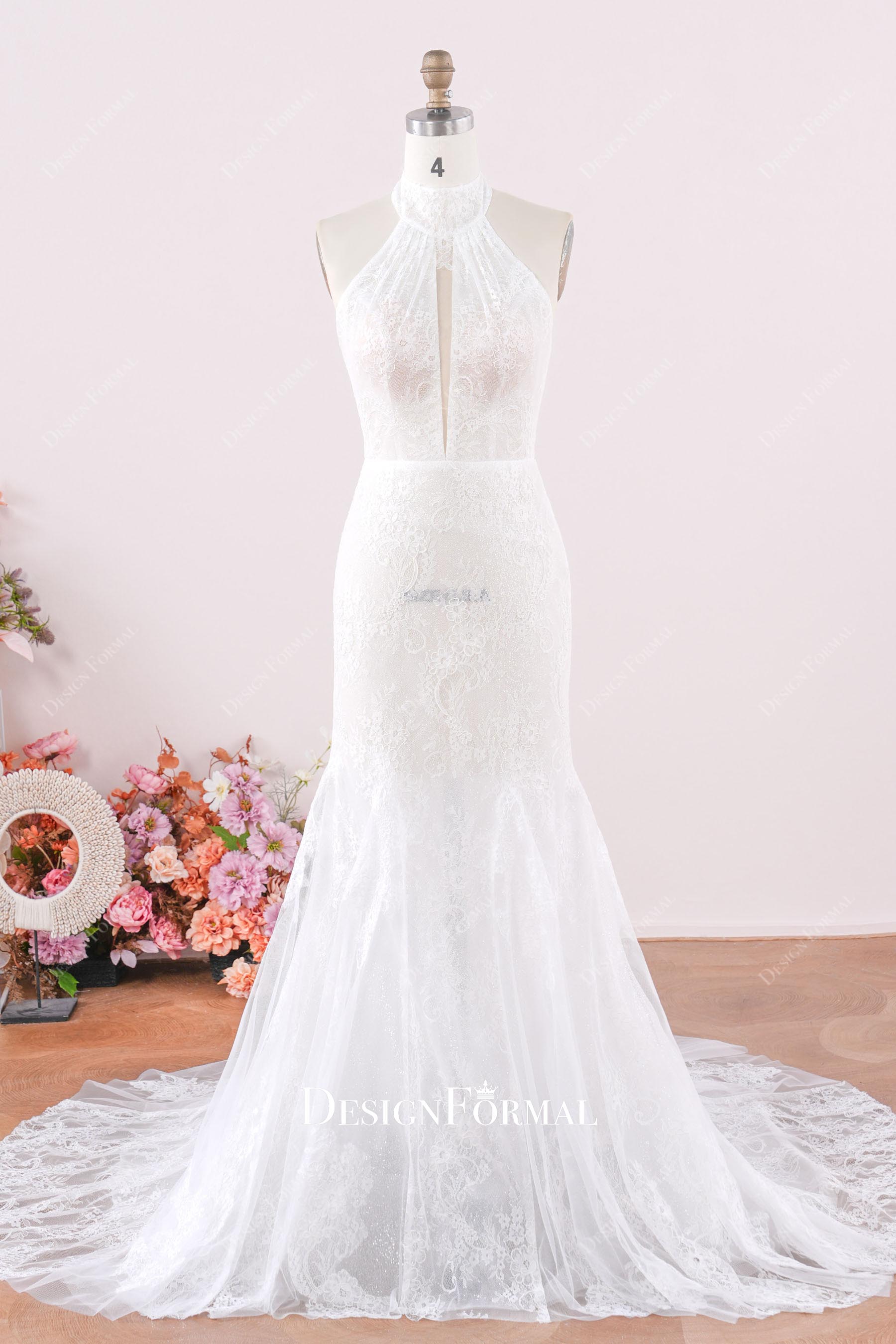 high neck lace mermaid bridal dress