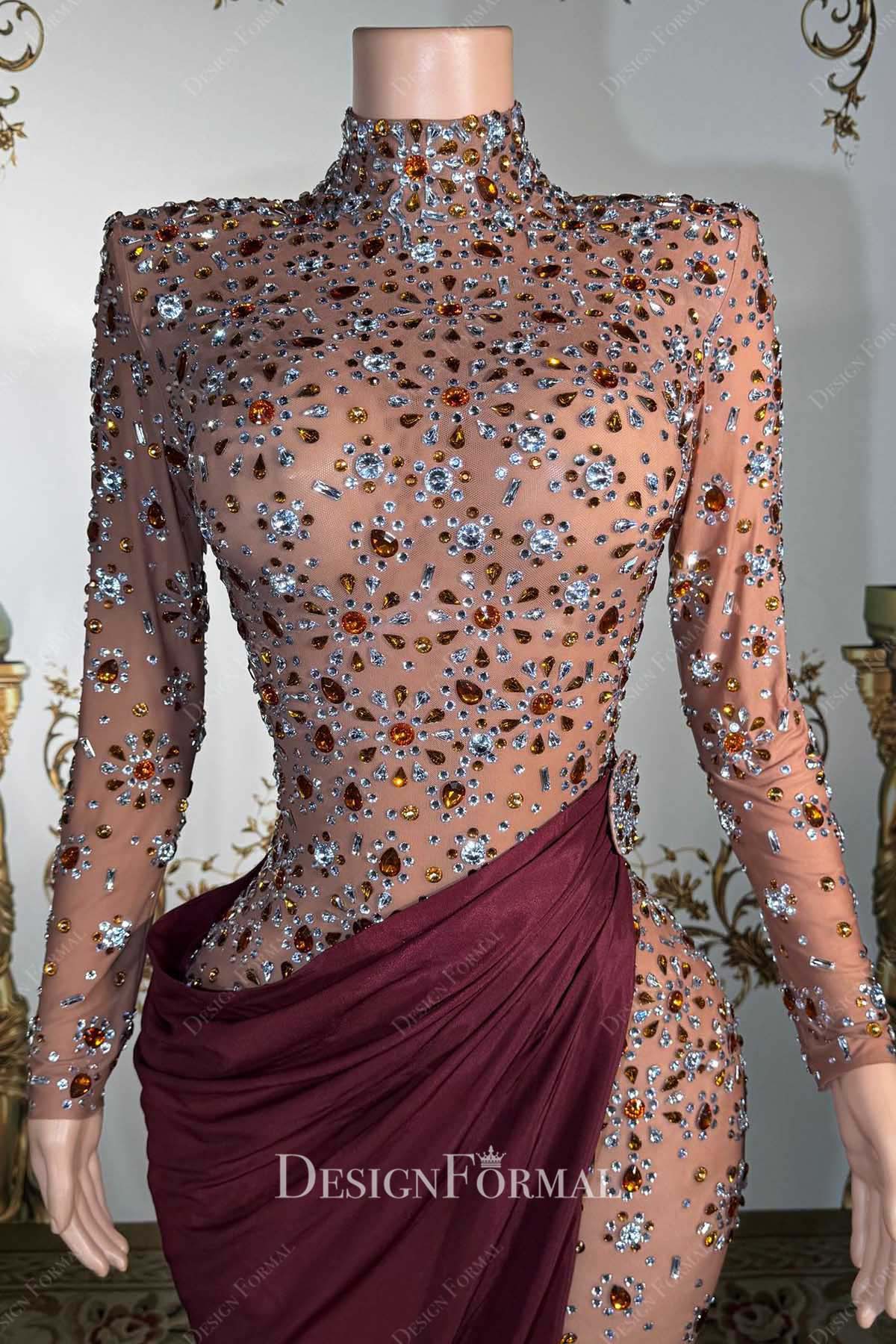 high neck rhinestones prom dress