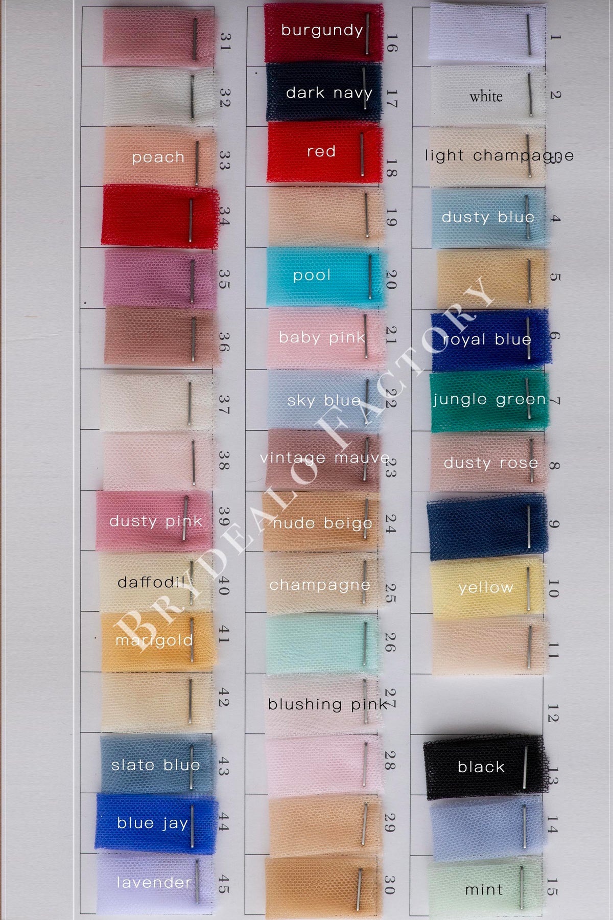 High Quality Bridal Tulle Fabric Color Chart | 70+ Colors