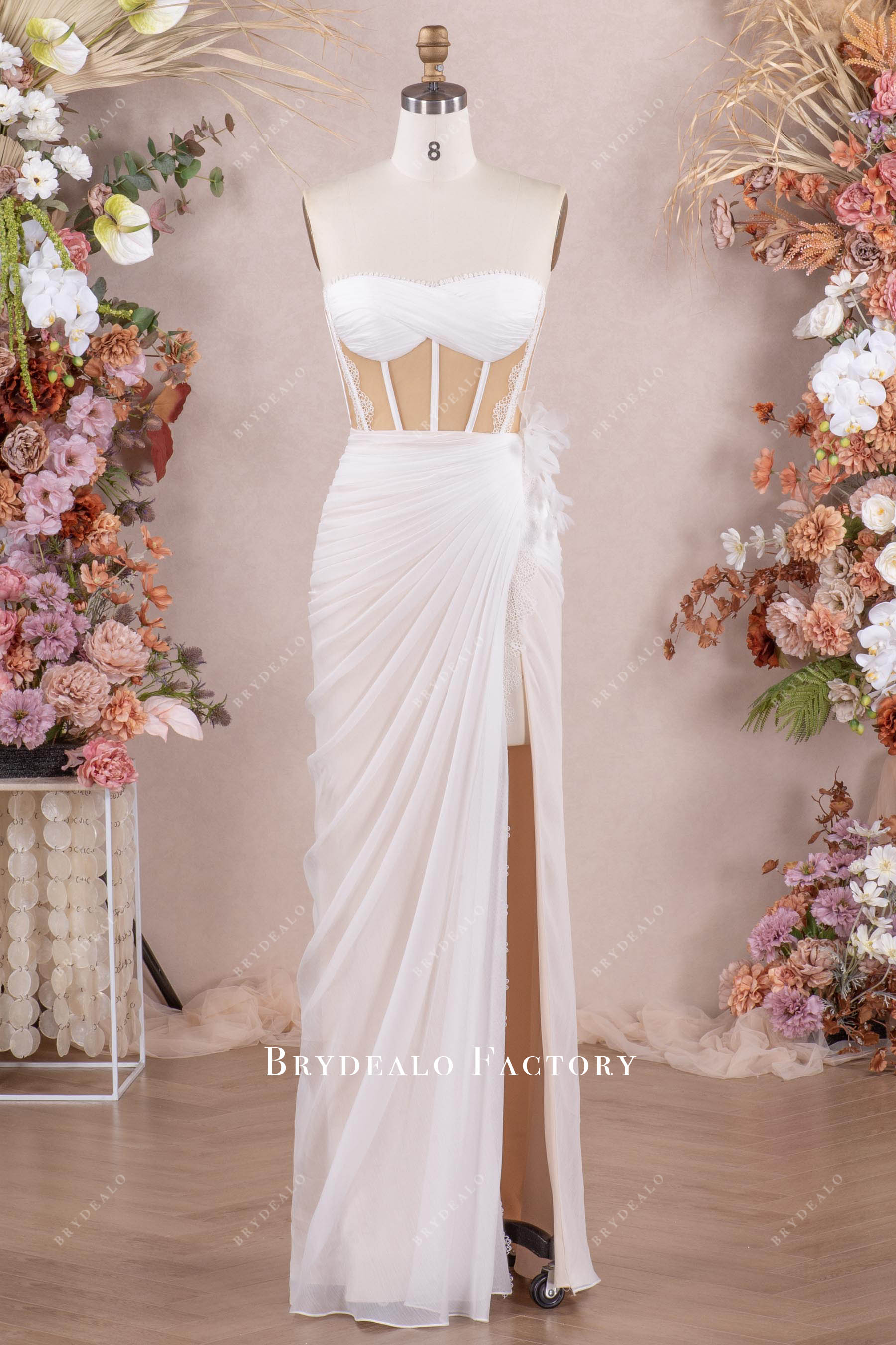 Strapless Illusion Corset Slit Chiffon 2 In 1 Beach Wedding Dress