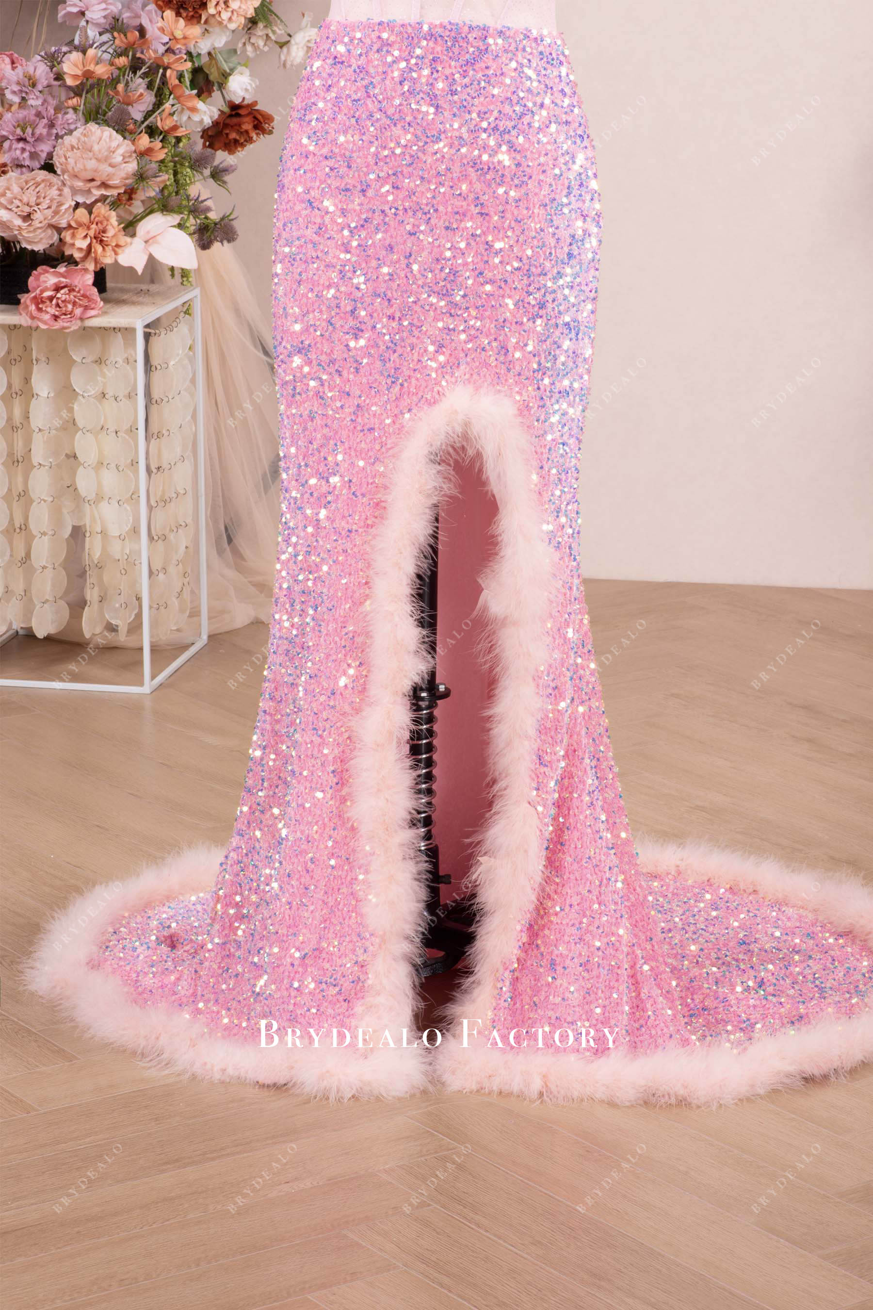 slit feather sparkly prom dress