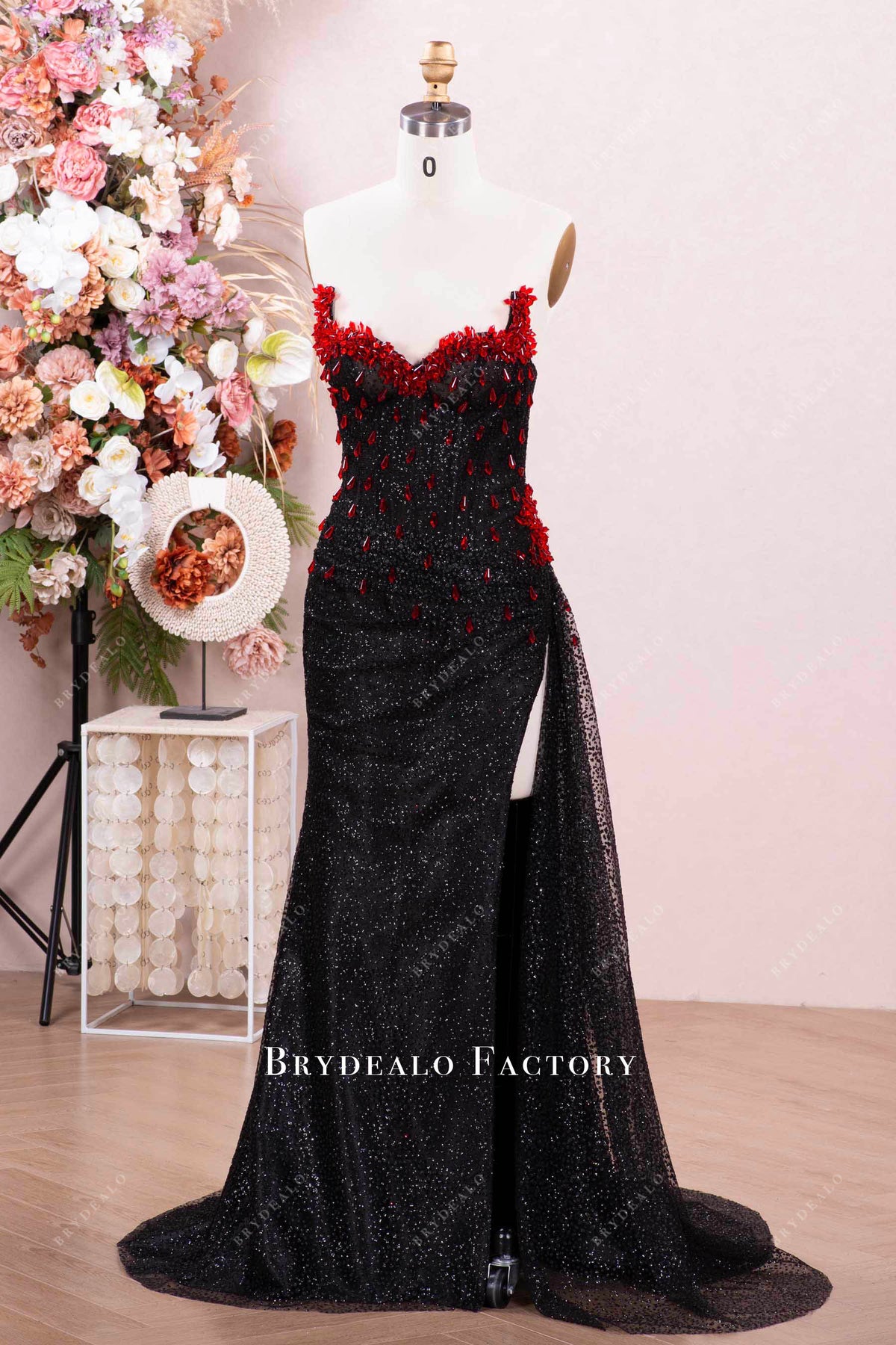Black Strapless Glitter Prom Dress Red Rhinestone V-Neck