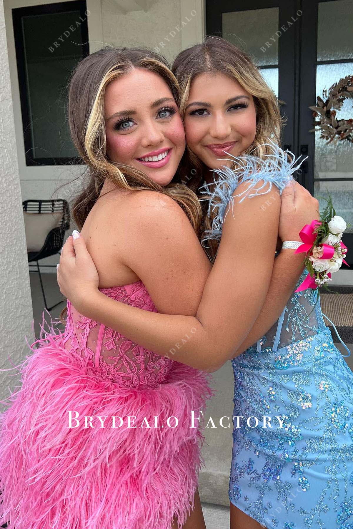 hot pink feathered mini homecoming dress