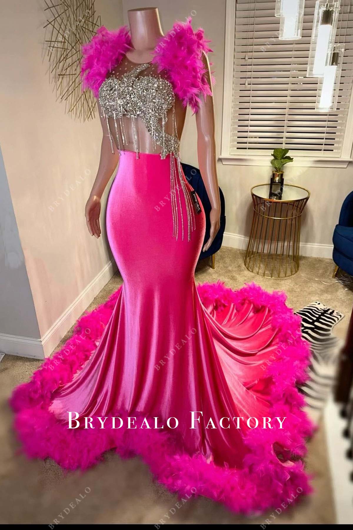 Sparkly Rhinestones Hot Pink Mermaid Long Train Prom Dress