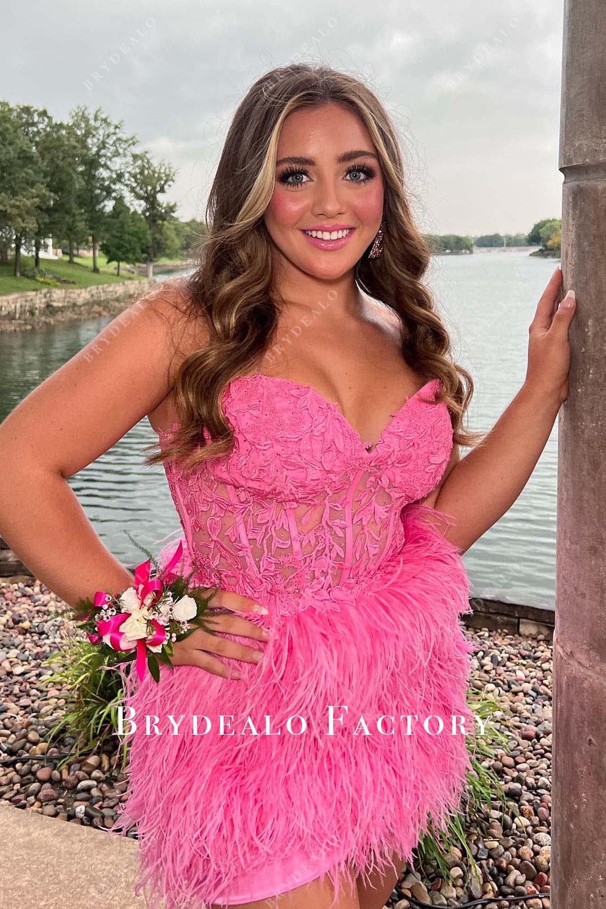 hot pink lace appliques feathered homecoming dress