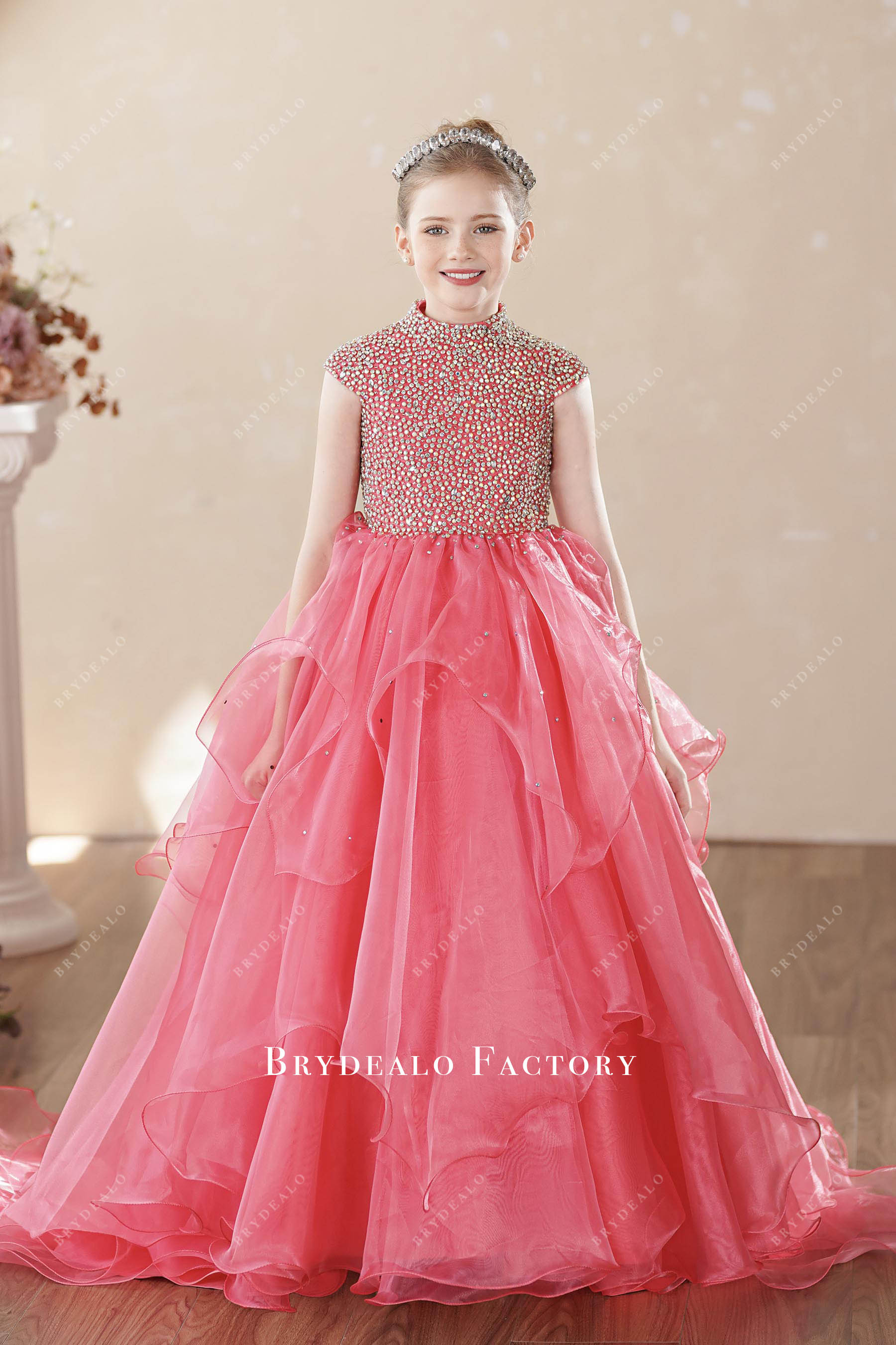 hot pink layered organza sparkly kids pageant dress