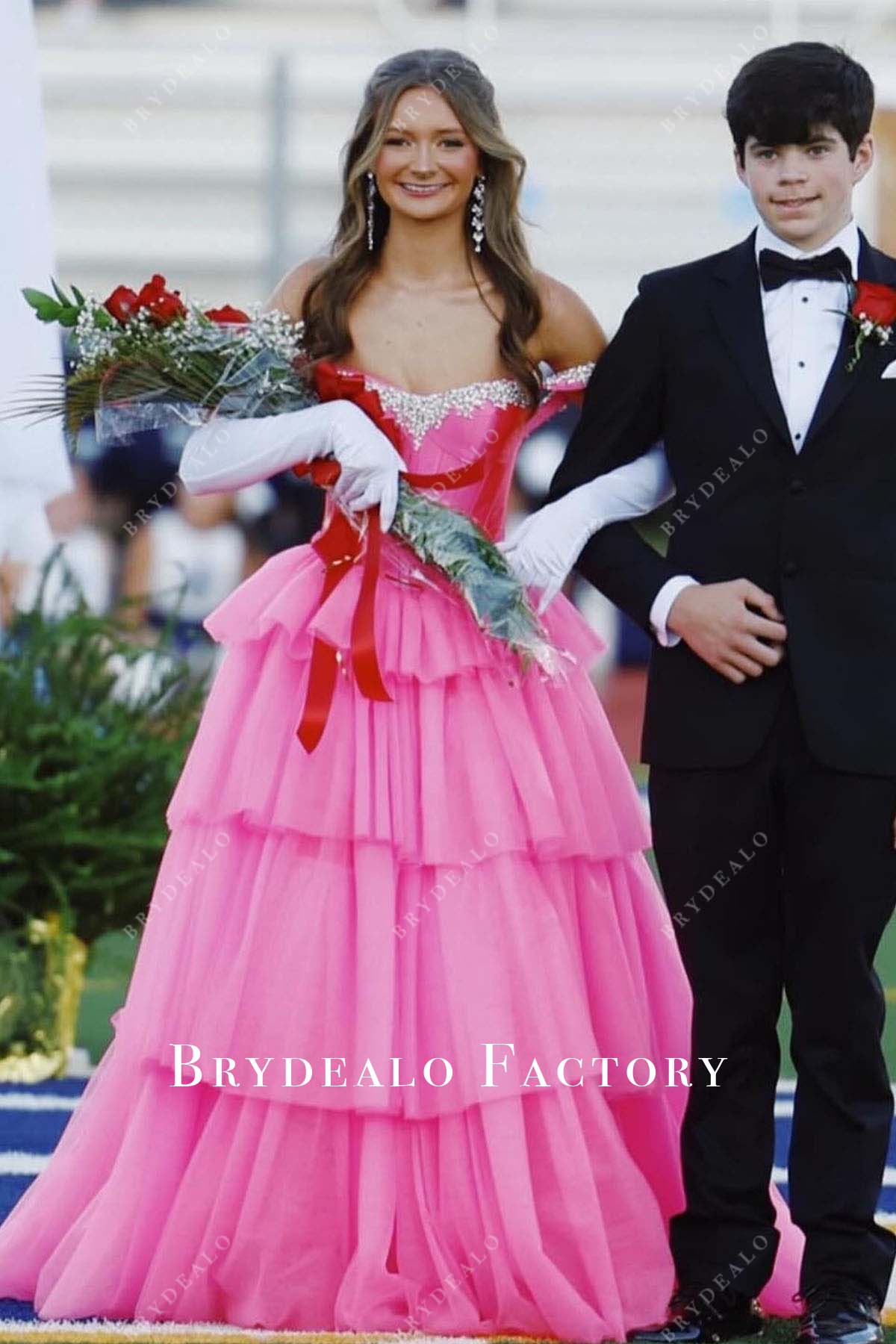 hot pink off shoulder a line homecoming dress