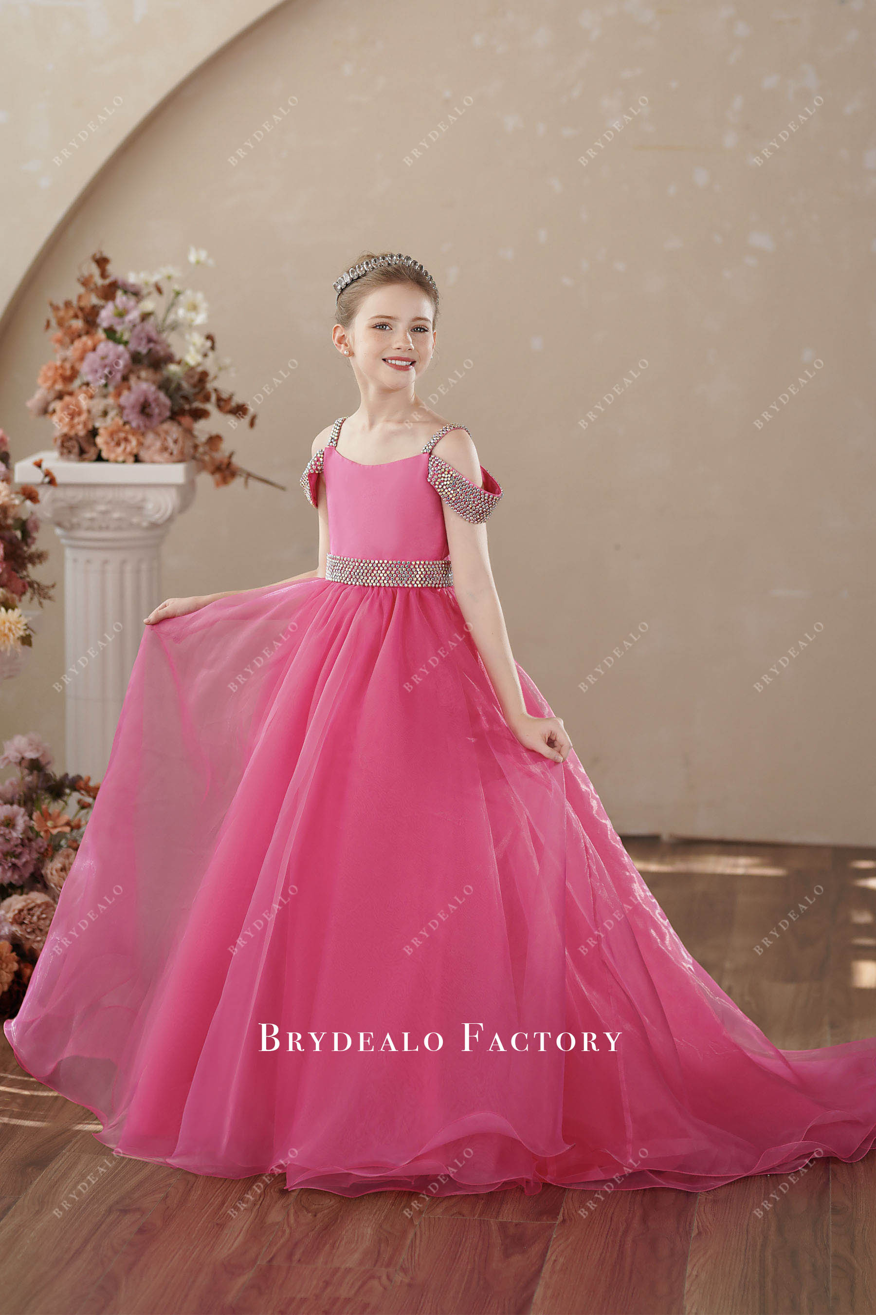 hot pink rhinestones straps junior pageant dress