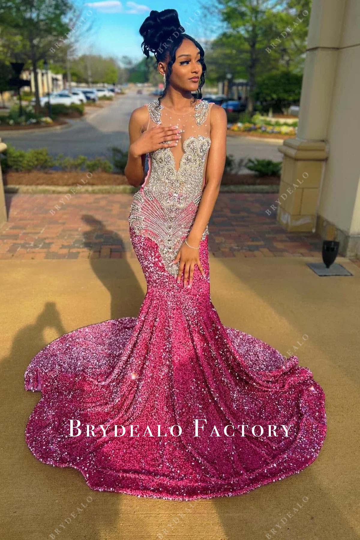 hot pink sequined trumpet prom dress