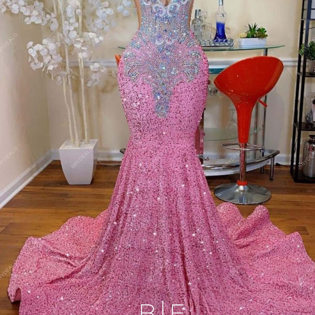 Hot Pink Sequin Mermaid Custom Crystal Halter Sleeveless Prom Dress Hot Pink Sequin Mermaid Custom Crystal Halter Sleeveless Prom Dress