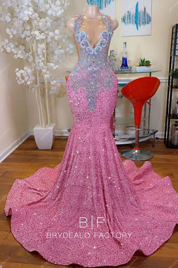 Hot Pink Sequin Mermaid Custom Crystal Halter Sleeveless Prom Dress