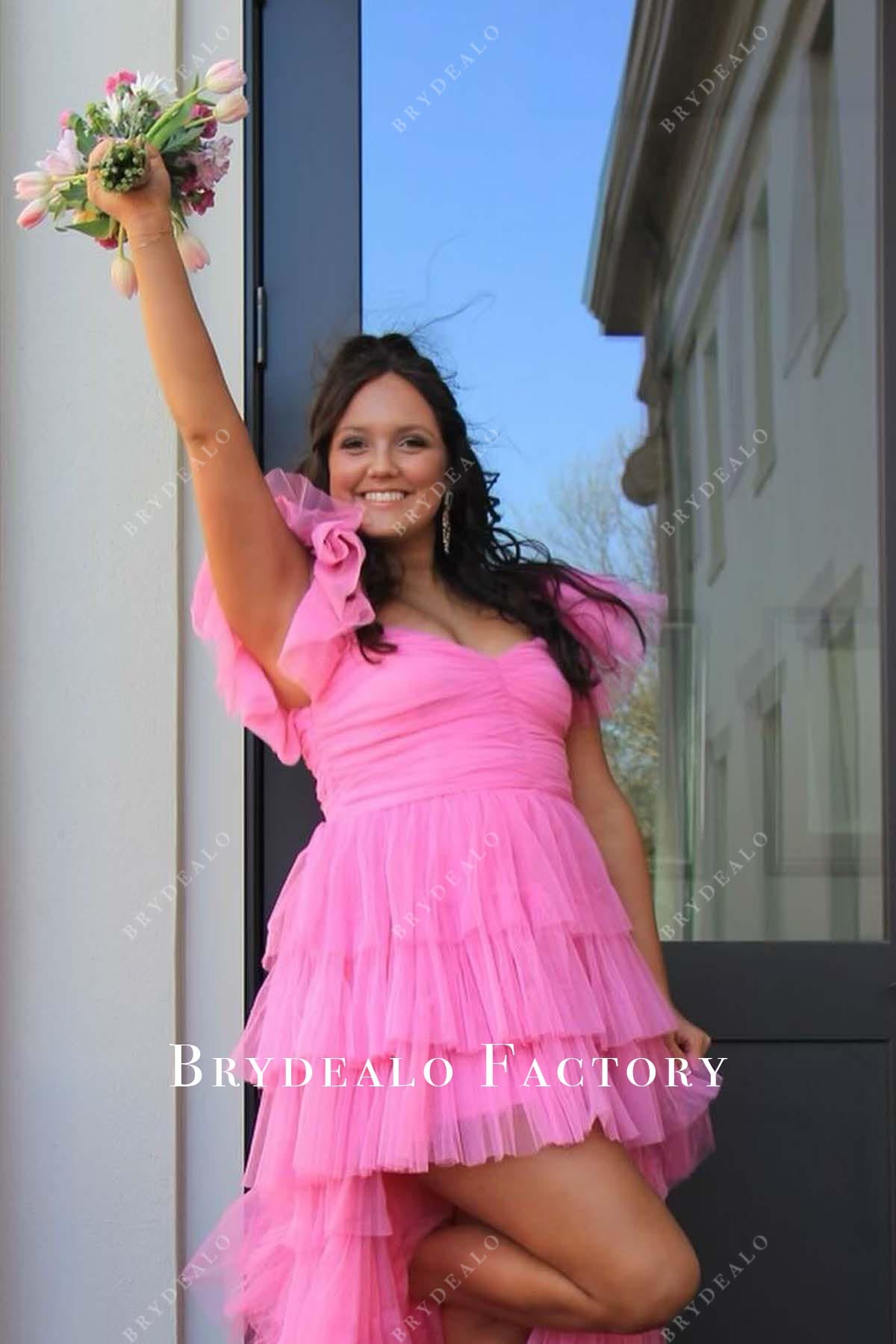 hot pink v neck prom dress