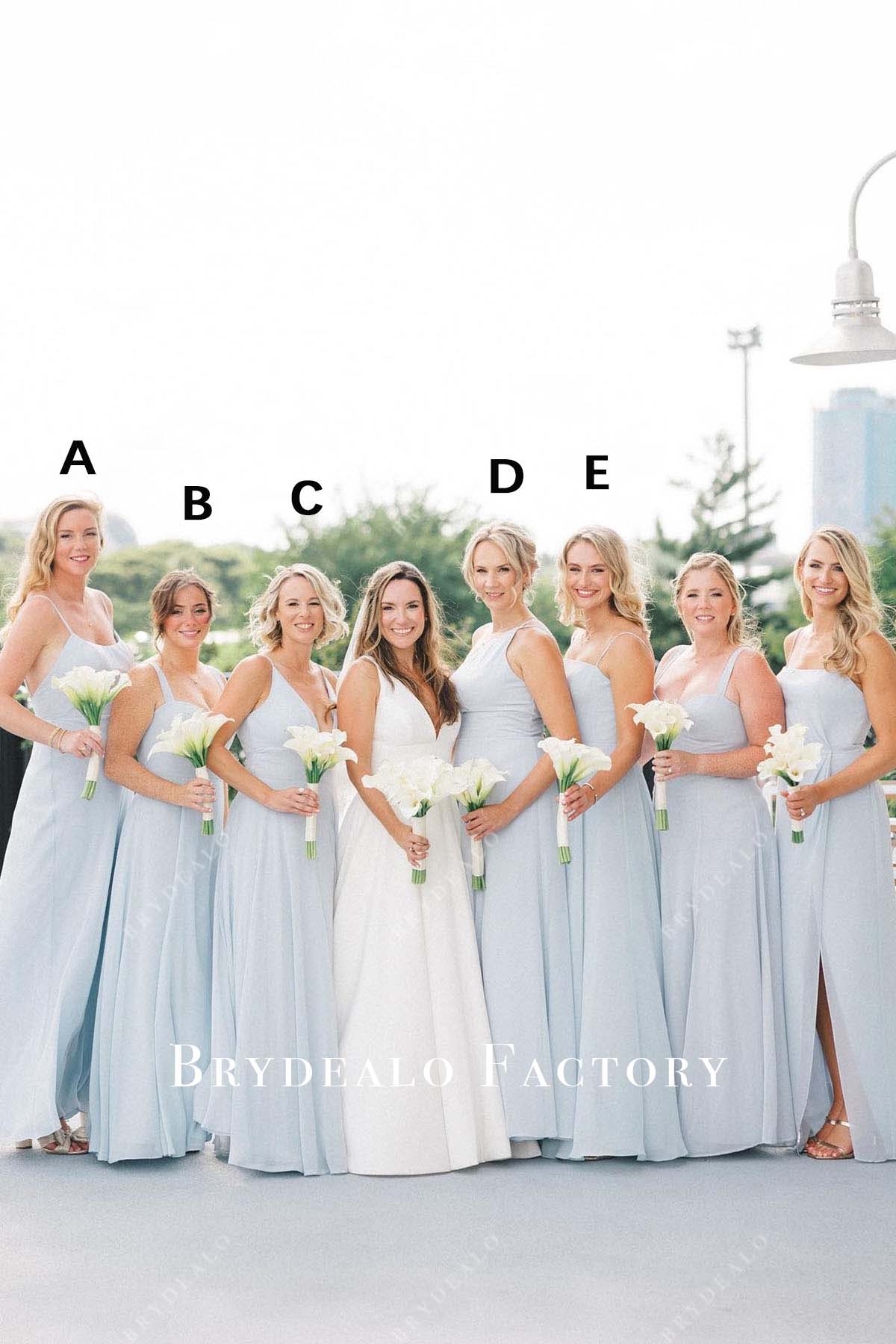 ice blue chiffon floor length mismatched bridesmaid dresses