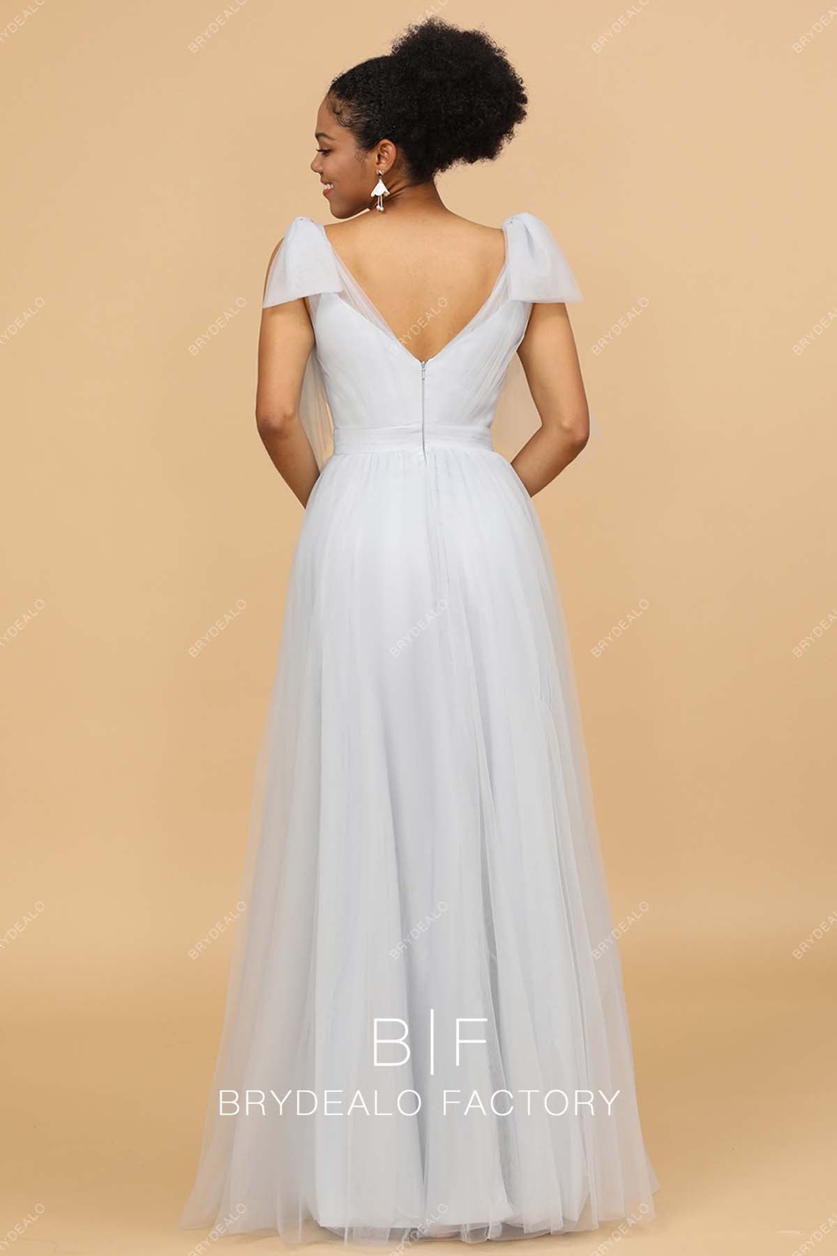 open back ice blue floor length bridesmaid dress