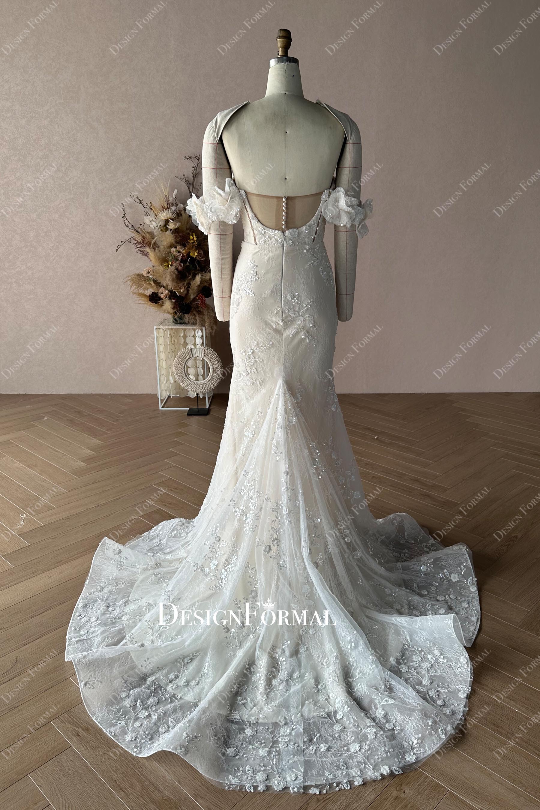 illusion bck designer short train champagne bridal gown