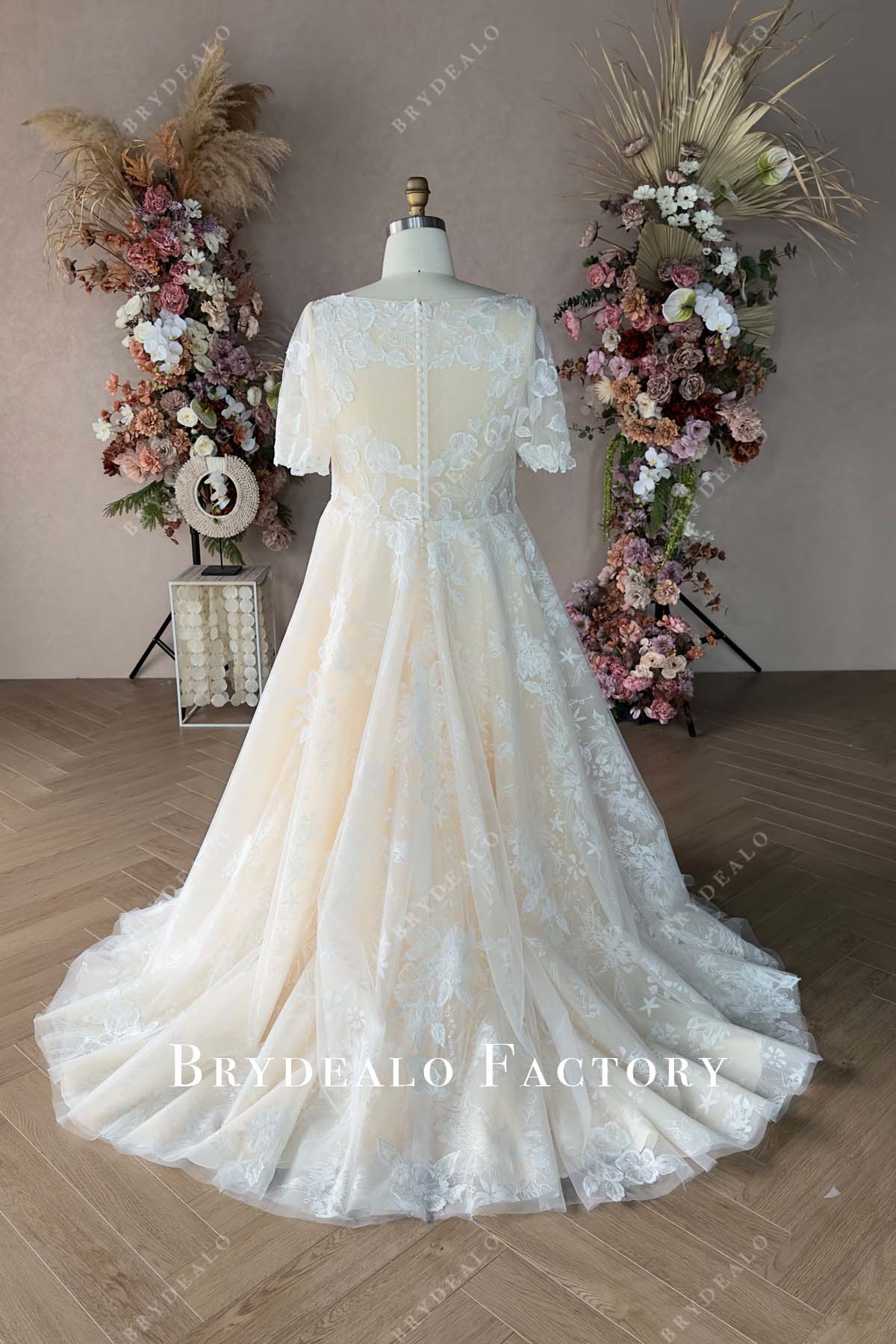 illusion lace high back court train wedding gown