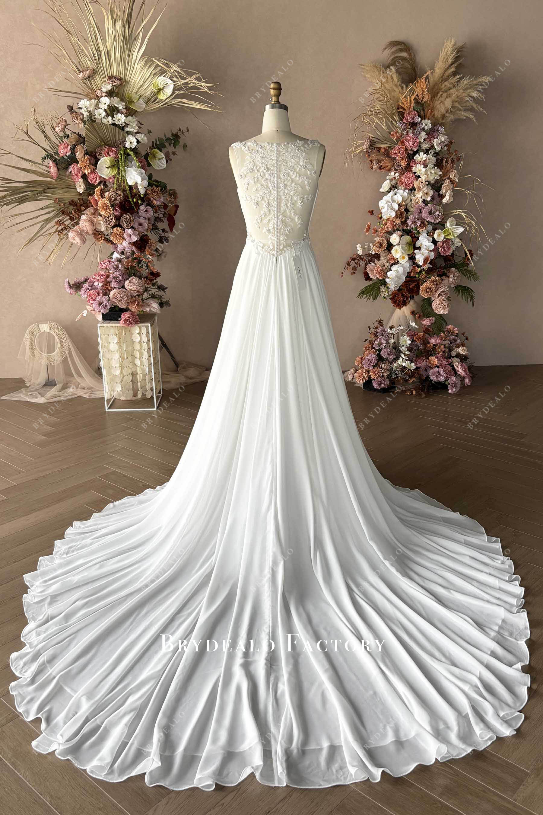 illusion back long chiffon train wedding dress