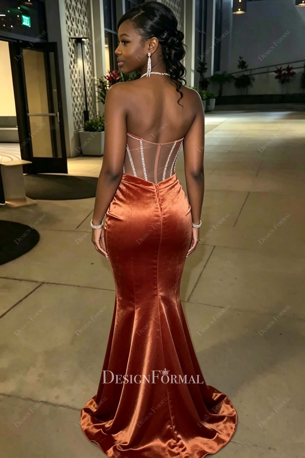 Illusion Back Strapless Velvet Long Prom Dress