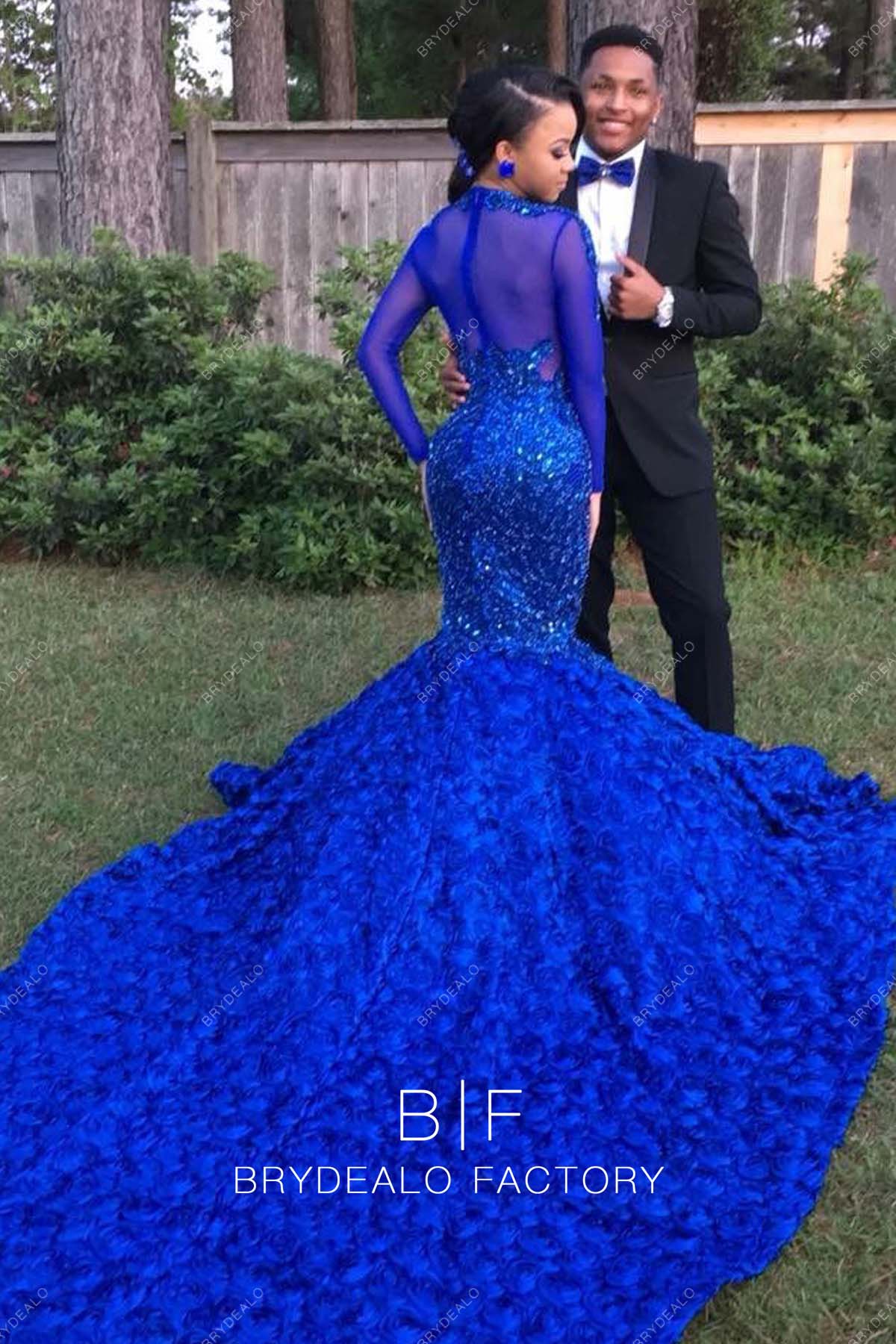 Sparkly Royal Blue Sequins 3D Roses Mermaid Prom Dress