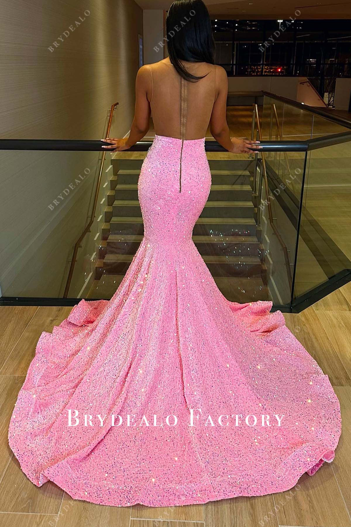 illusion back pink long train prom gown