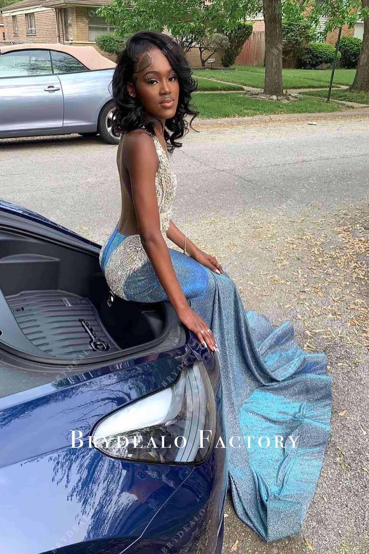 illusion back trumpet prom dress