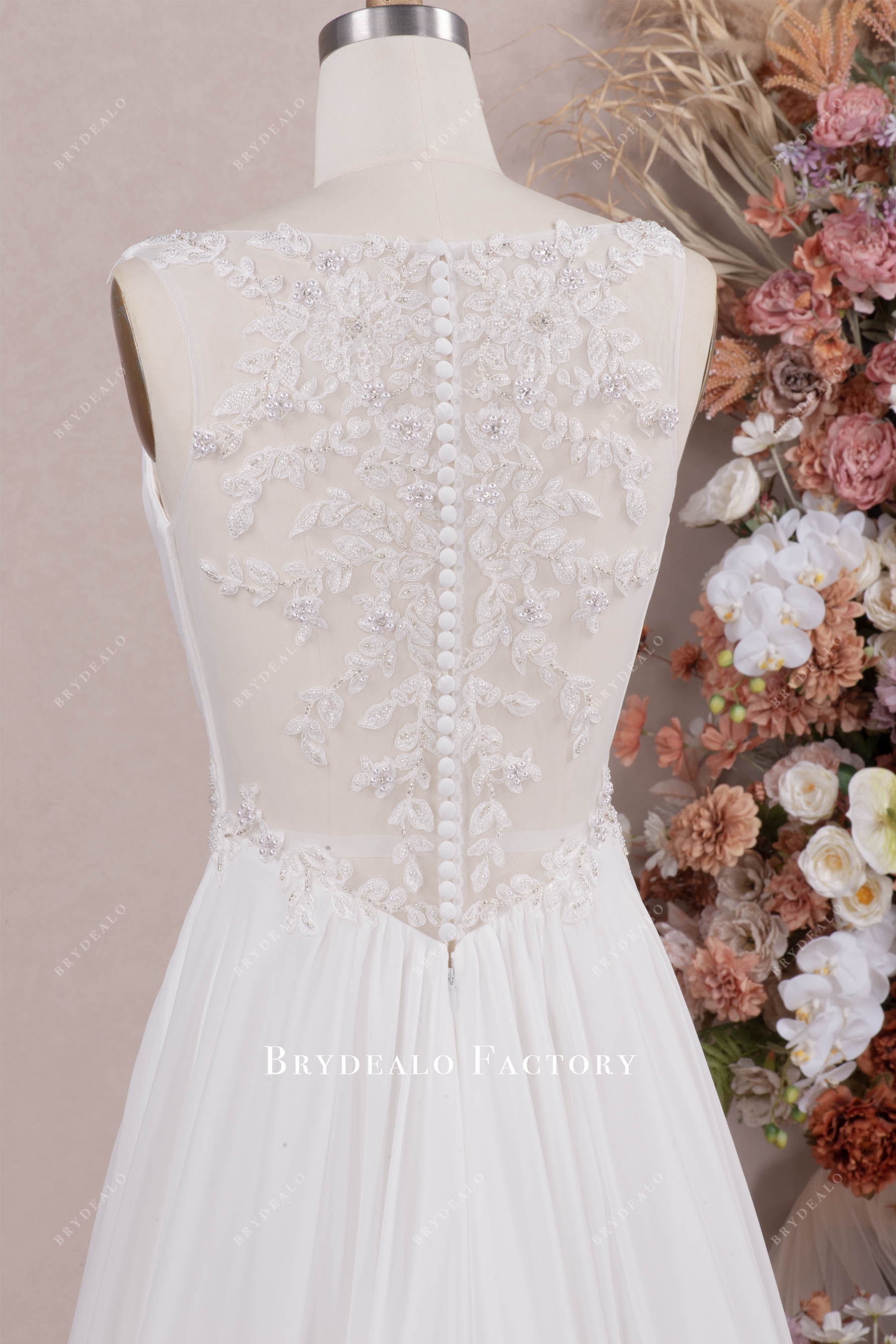 illusion beaded flower lace back wedding dress