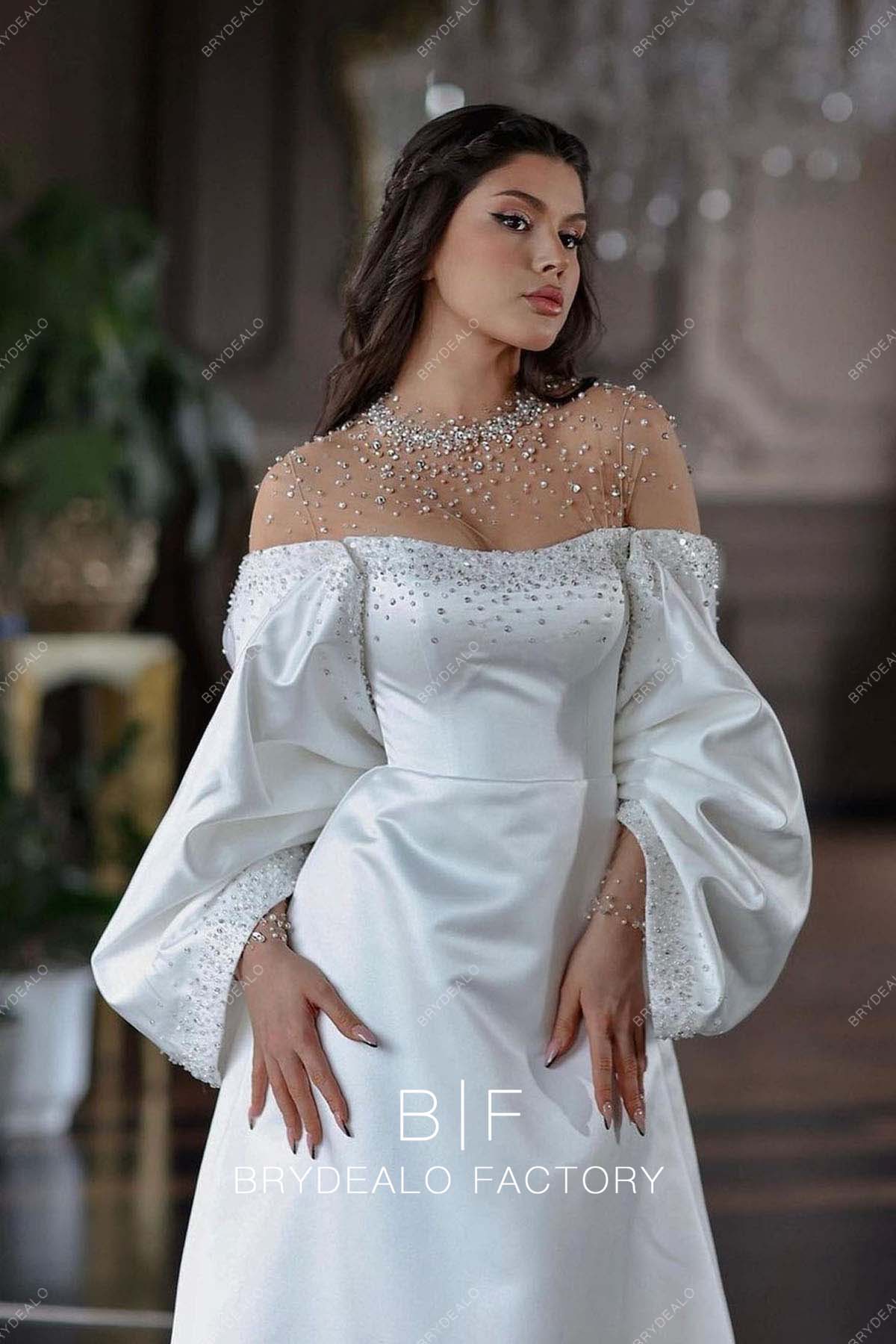 Beaded Illusion Neck Custom Off Shoulder Wedding Dress