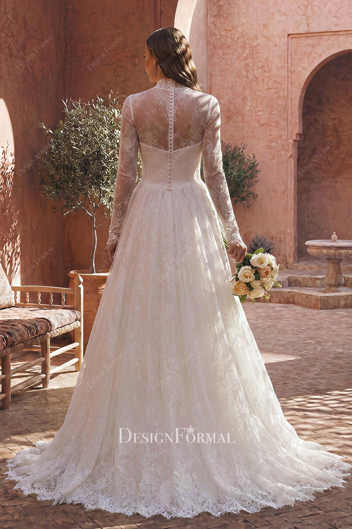 illusion buttoned back sweep train wedding dress