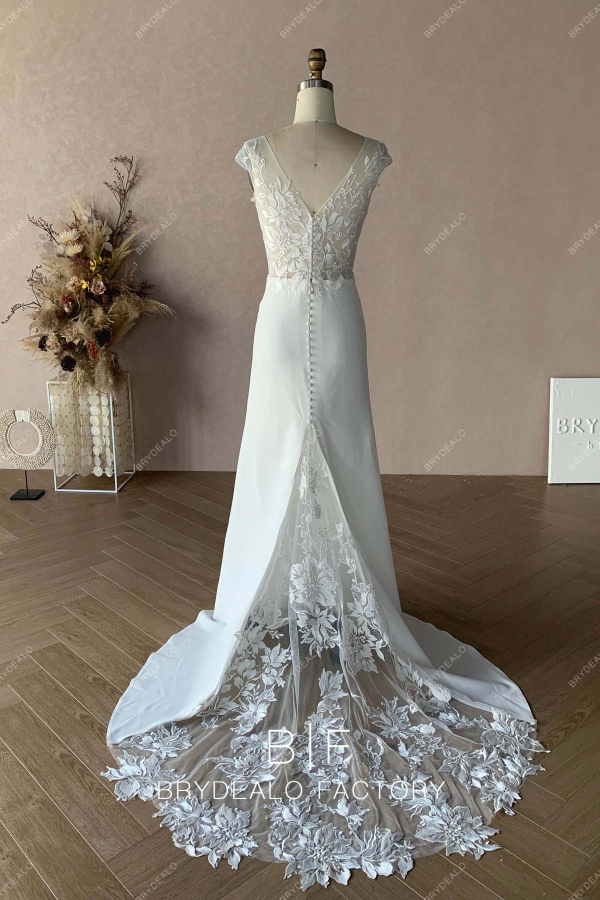 illusion long train custom V-back bridal gown